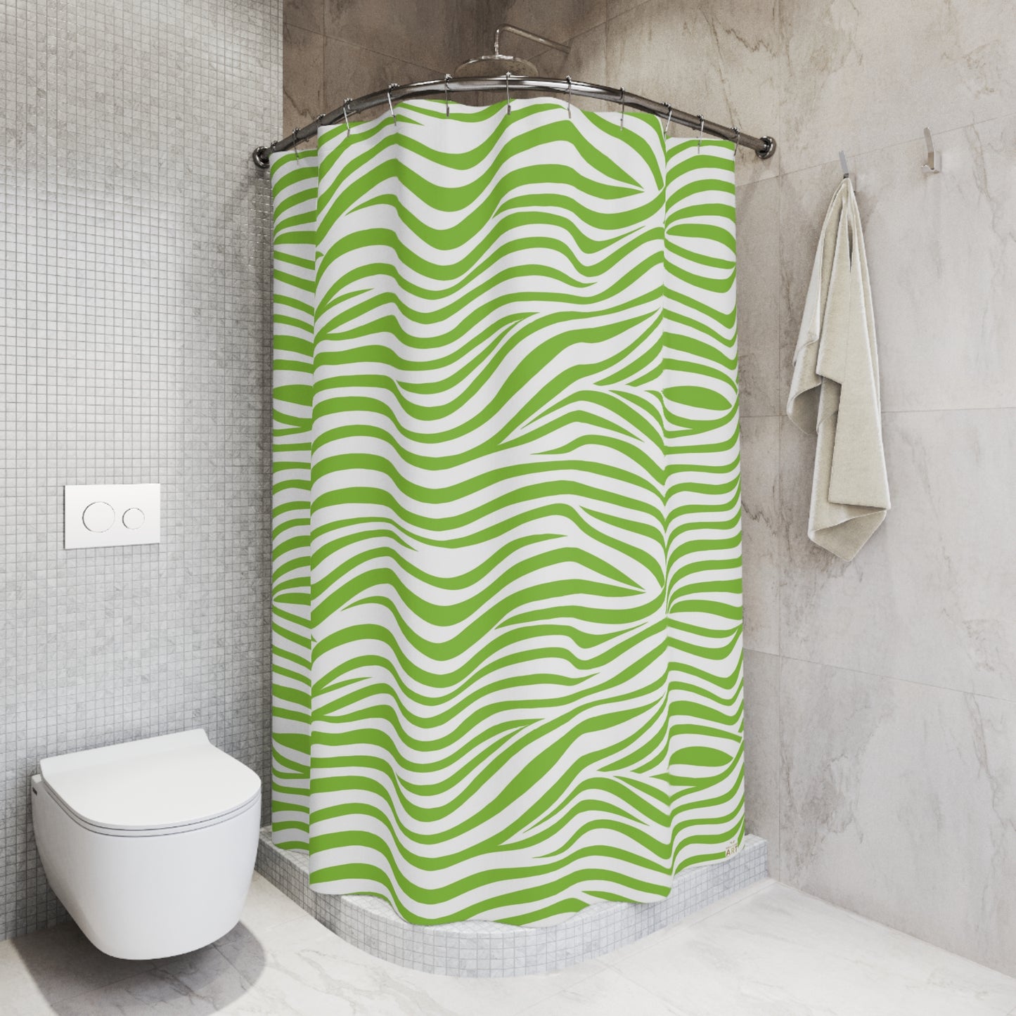 Green Wavy Stripes Shower Curtain | Abstract Wave Pattern, Tropical, Beachy Bathroom Decor