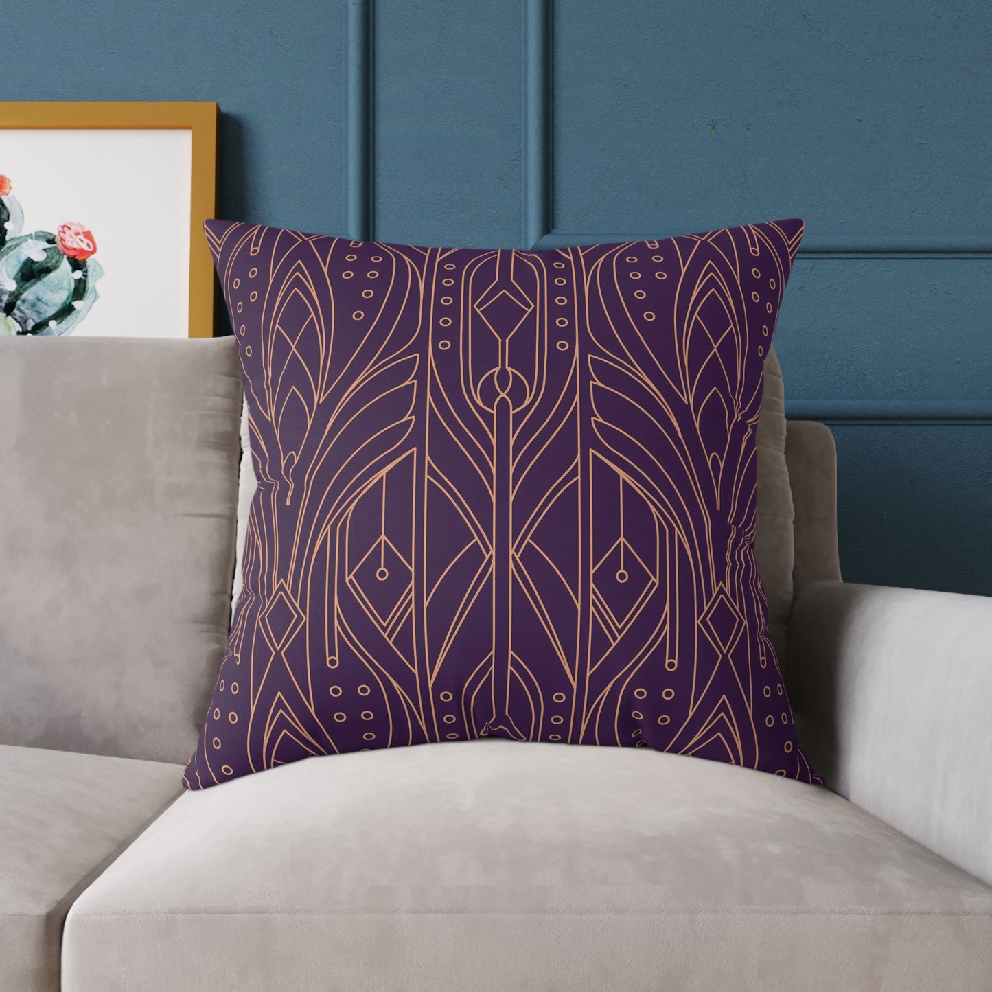 Art Deco Geometric Pattern Square Pillow | Purple Copper