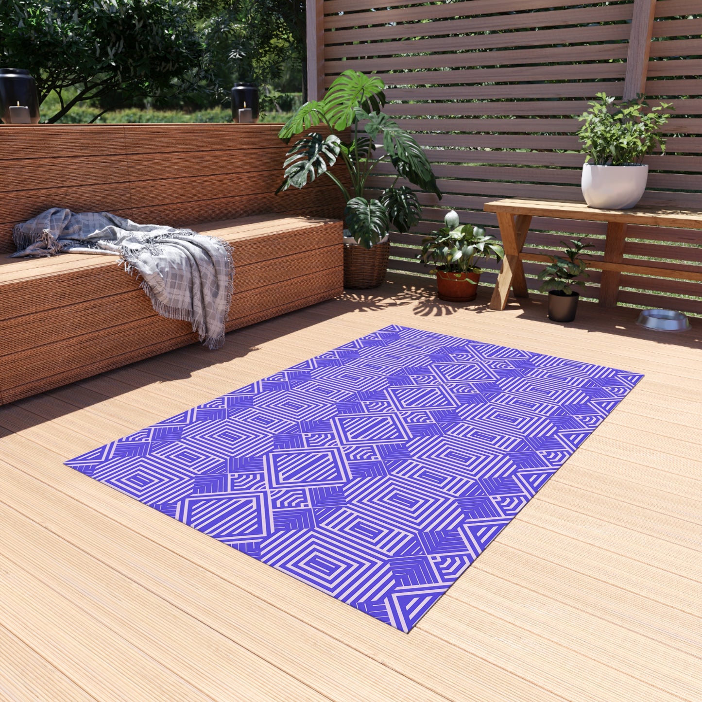 Purple and White Stylish Outdoor/Indoor Rug for Patio Decor, Boho Chic Deck Mat, Versatile Area Rug, Summer Gatherings, Garden Party Decor - LOLA VEGAS ART