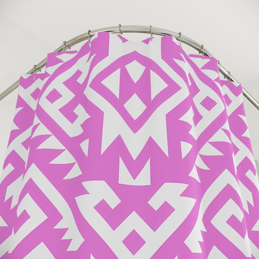 Pink White Aztec Boho Geometric Shower Curtain | Tribal Pattern Bathroom Decor