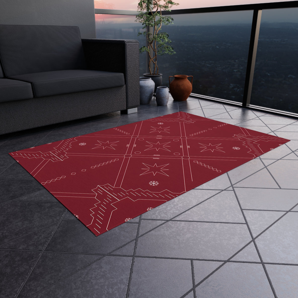 Geometric Star Pattern Outdoor Rug | Red Southwestern Patio Mat