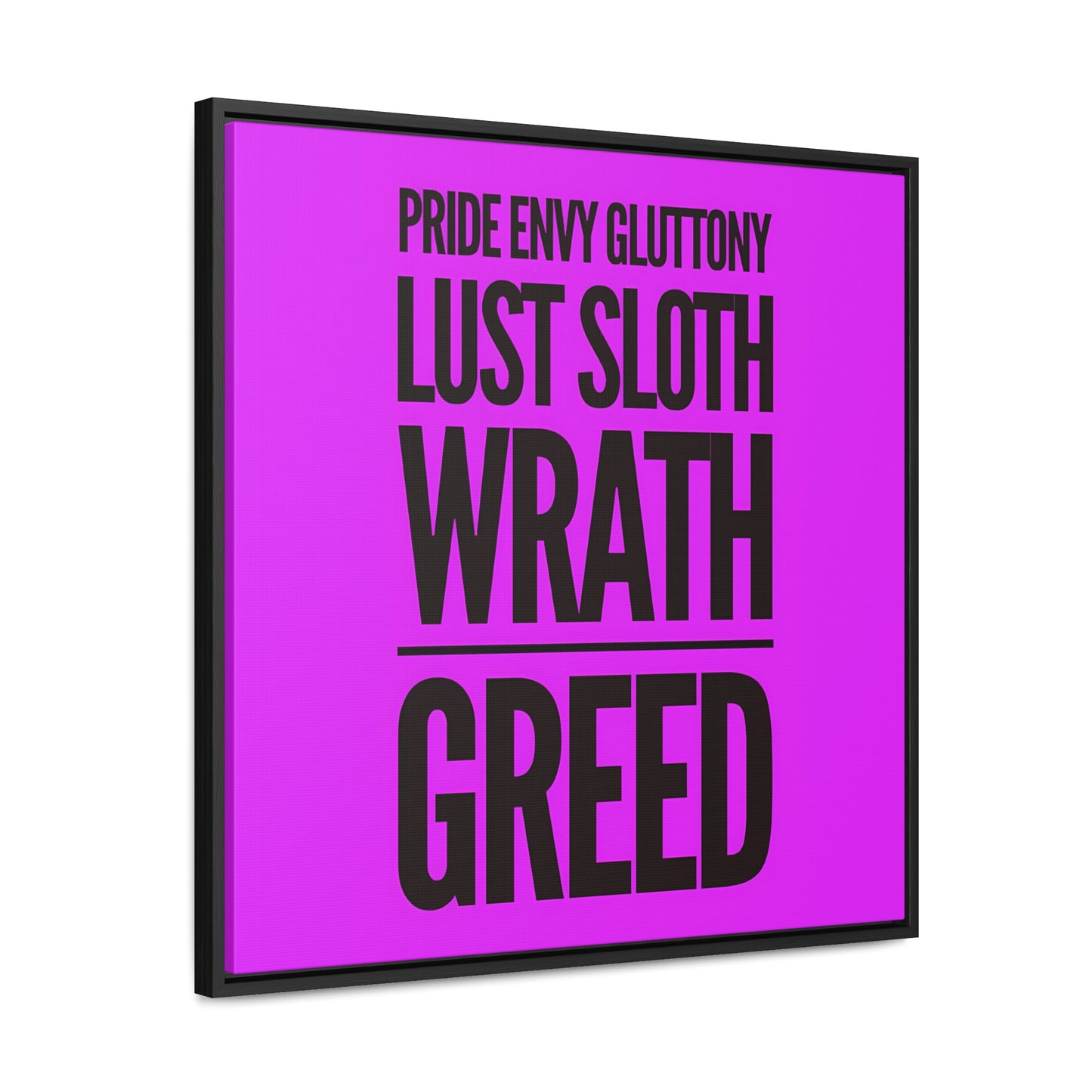 Square Frame Wall Art Canvas, Typography 7 Deadly Sins Magenta Background, Cool Statement Piece, Gallery Canvas Wrap Print, Home Decor - LOLA VEGAS ART