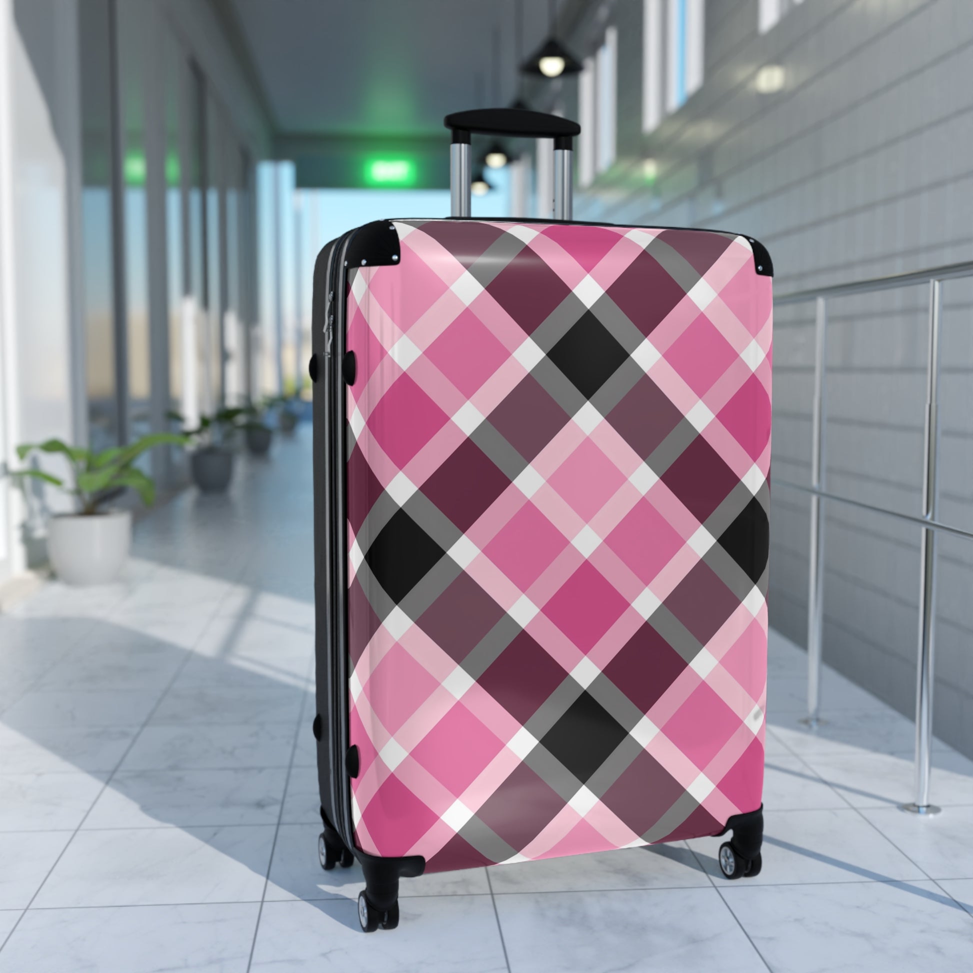 Stylish Plaid Suitcase for Travel, Luggage, Gift for Travelers, Vacation Essentials, Stylish Travel Gear, Pink and Black, Preppy Suitcase - LOLA VEGAS ART
