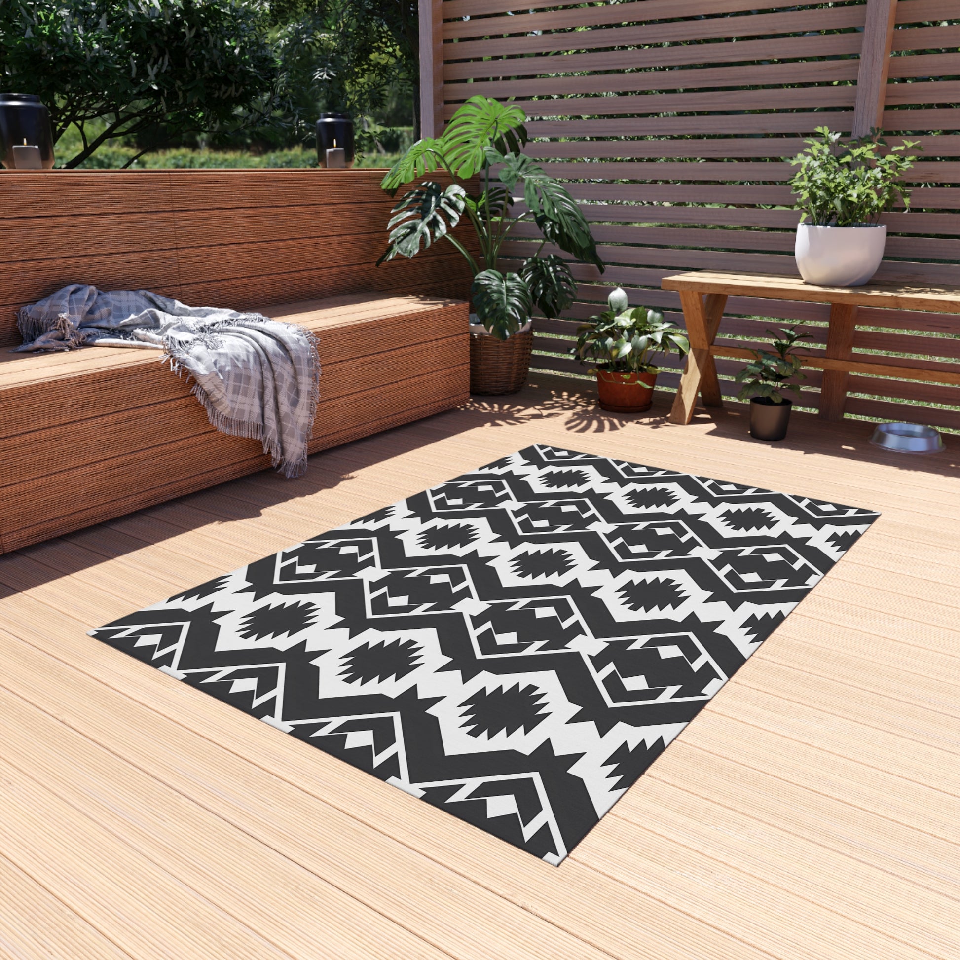 Black and White Southwestern Stylish Outdoor Rug for Patio, Boho Home Decor, Indoor-Outdoor Mat, Modern Area Rug, Garden Party Essential - LOLA VEGAS ART