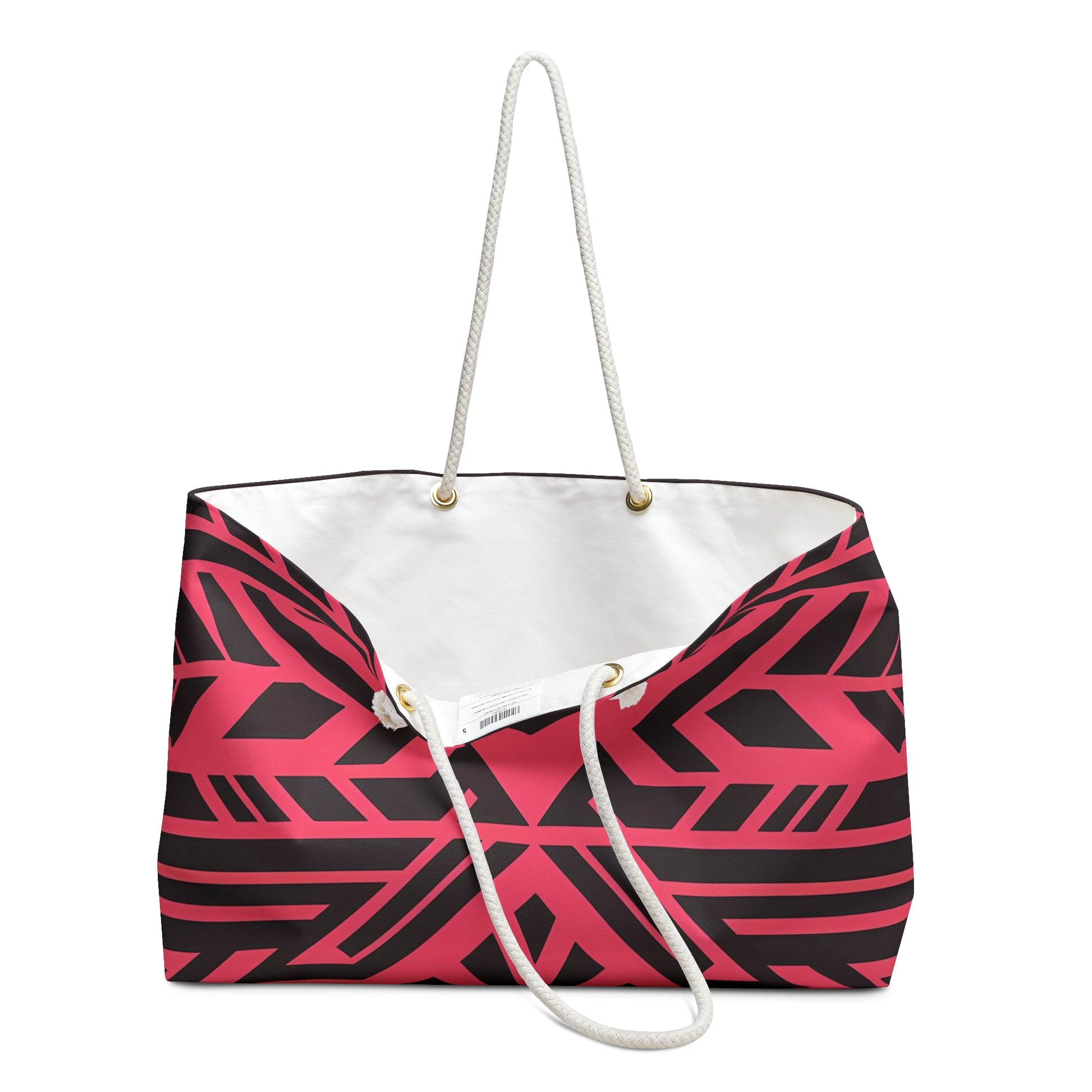 Boho Tribal Oversized Weekender Bag - Black Southwest Design on Pink-Red Background, Travel Accessory - LOLA VEGAS ART