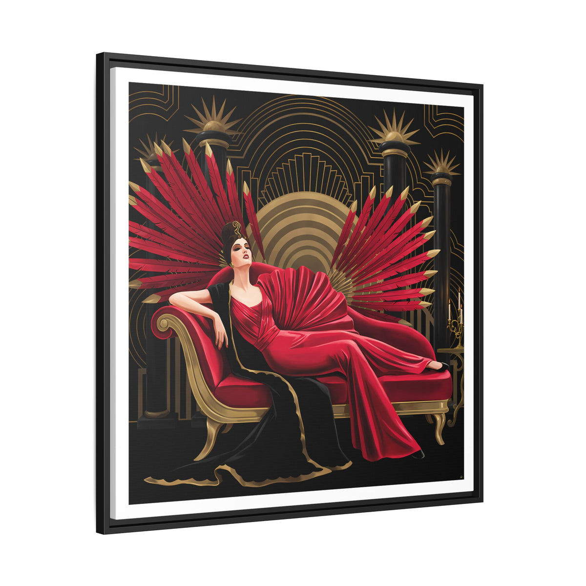 Art Deco Lady with Red Feathers Matte Canvas Framed Wall Art