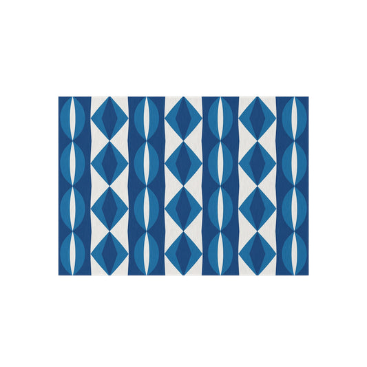 Blue White Geometric Pattern Outdoor Rug | Modern Diamond Stripe Patio Mat