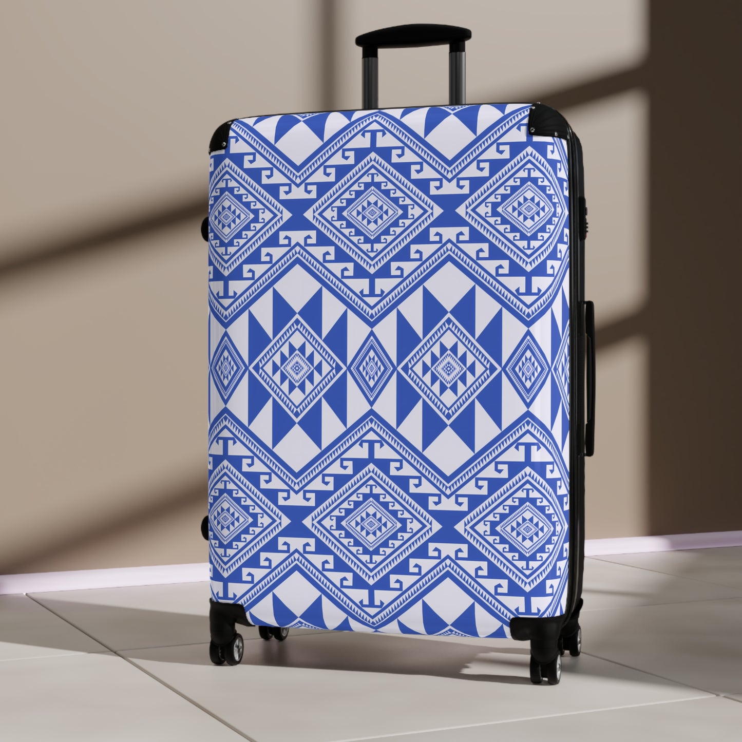Stylish Suitcase with Blue Geometric Pattern, Travel Luggage, Trendy Carry-On, Vacation Gear, Fashionable Weekend Getaway - LOLA VEGAS ART