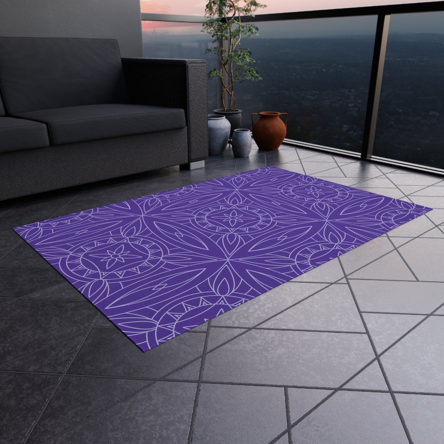 Geometric Floral Tile Indoor/Outdoor Rug | Purple Patio Mat