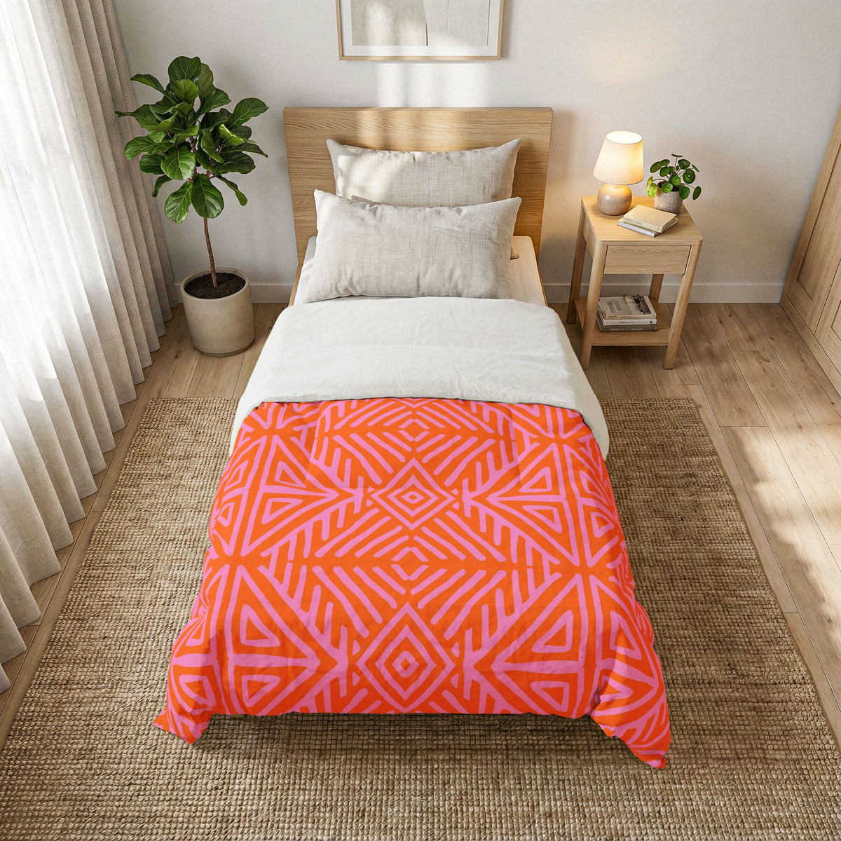Geometric Tribal Pattern Cotton Comforter | Orange Pink Diamond Motif
