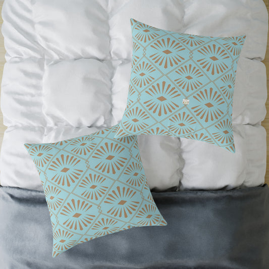 Dark Gold Geometric Fan Pattern Square Poly Canvas Pillow | Turquoise Throw Pillow
