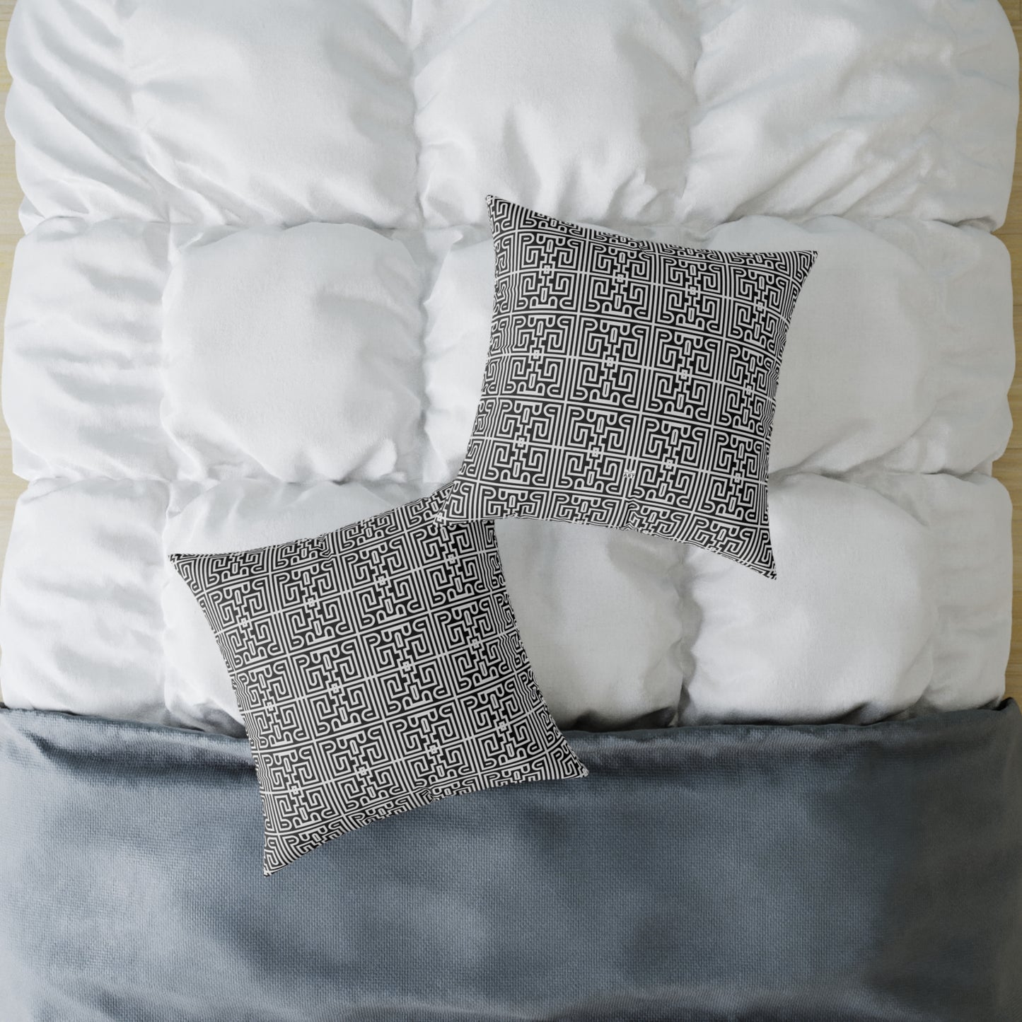 Geometric Black White Greek Key Pattern Square Pillow | Poly Canvas Pillow
