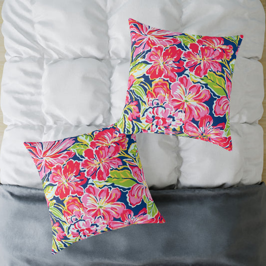 Pink Red Green Blue Tropical Hibiscus Floral Pillow | Square Poly Canvas Pillow
