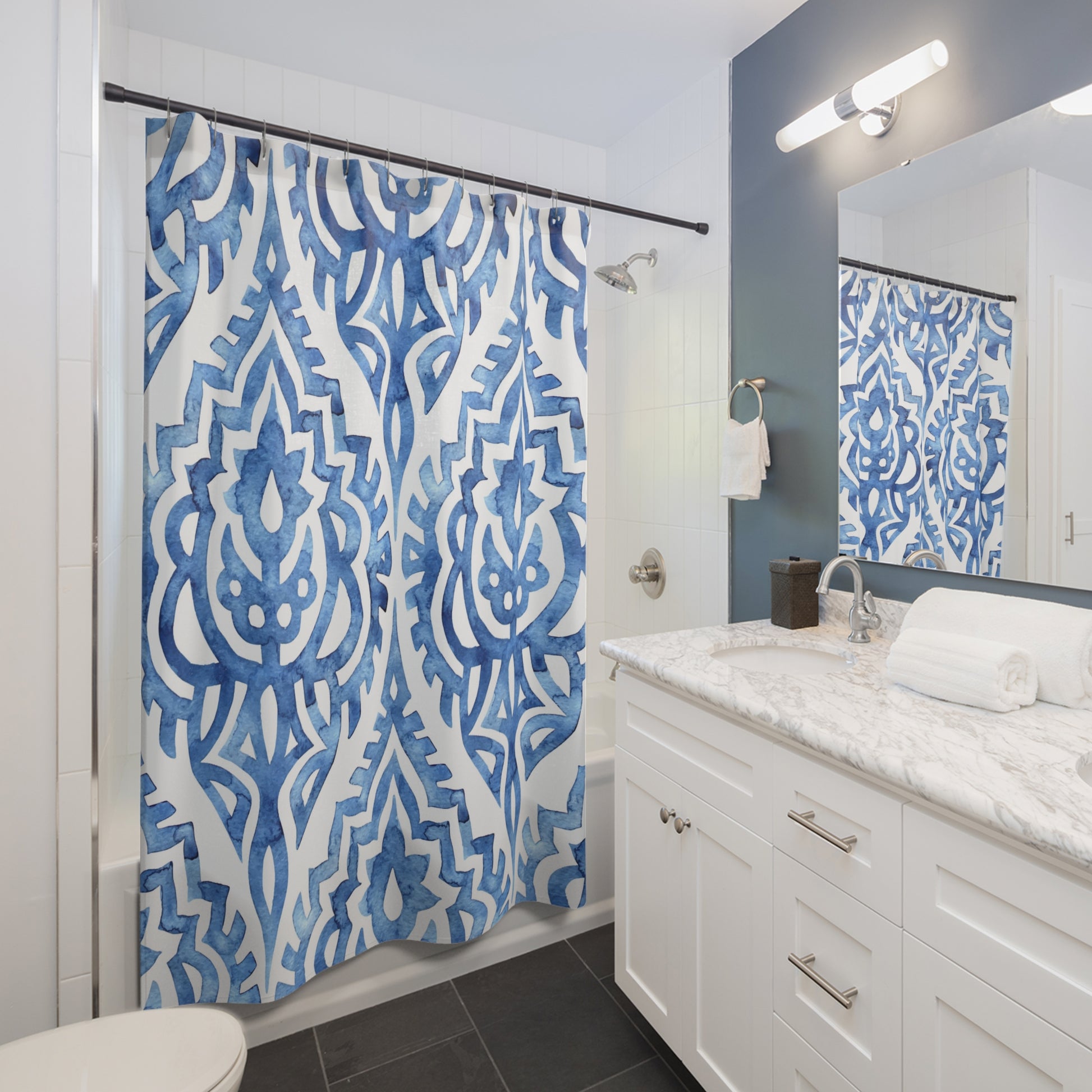 Elegant Blue Pattern Shower Curtains, Bathroom Decor, Home Spa Gift, Bohemian Style, Unique Bath Accessories - LOLA VEGAS ART