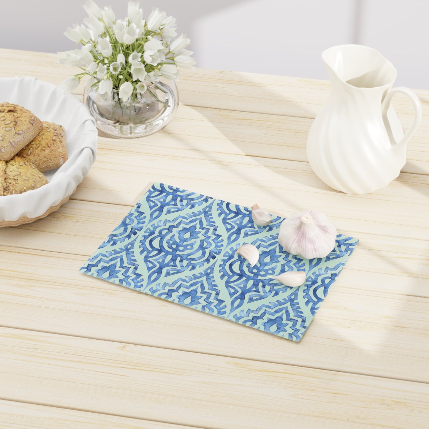 Elegant Blue Patterned Cutting Board, Unique Kitchen Decor, Housewarming Gift, Artisan Serving Board, Wedding Gift, Functional Art - LOLA VEGAS ART