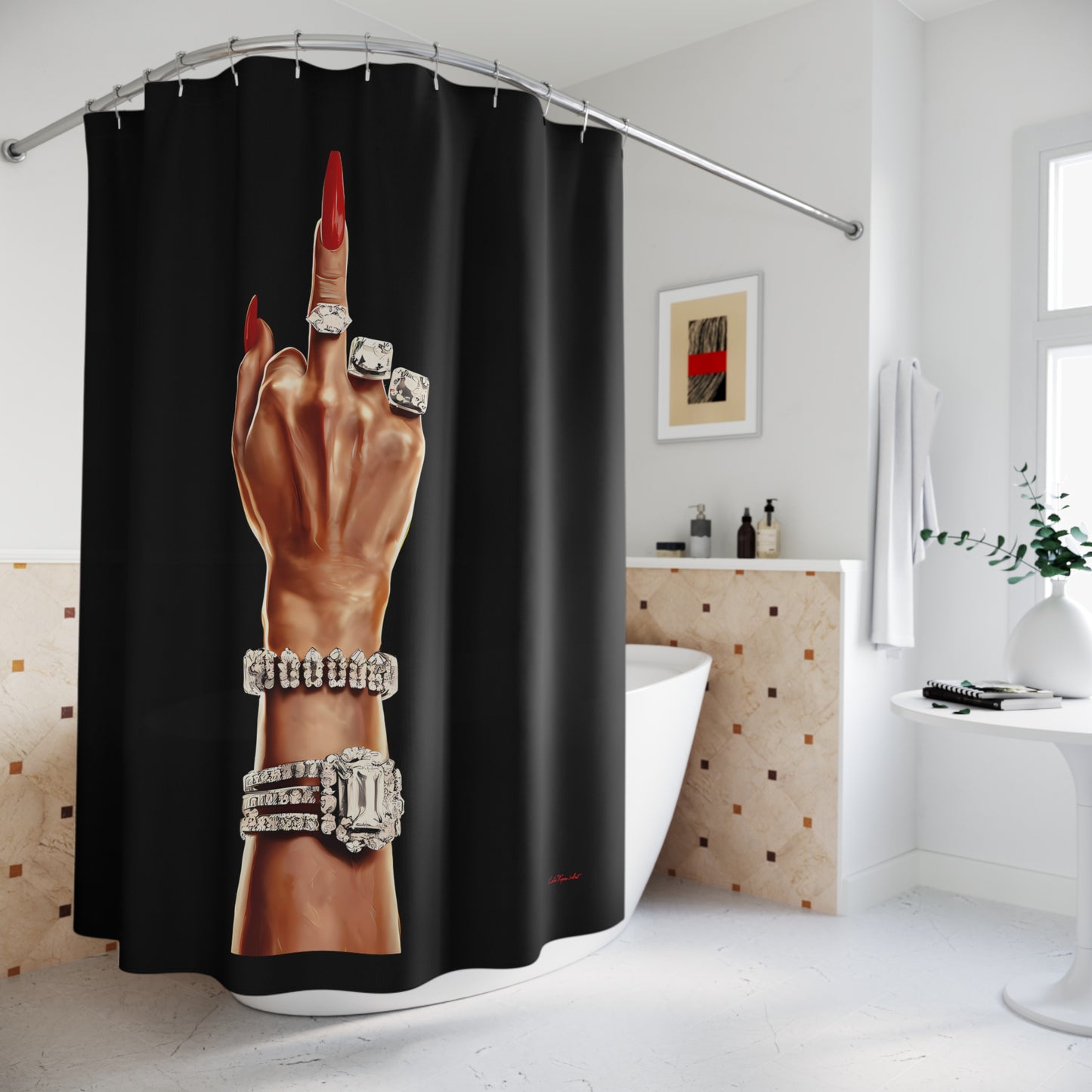 Funny Woman's Hand Shower Curtains - Defiant, Empowering Bathroom Decor, Black Curtain - LOLA VEGAS ART