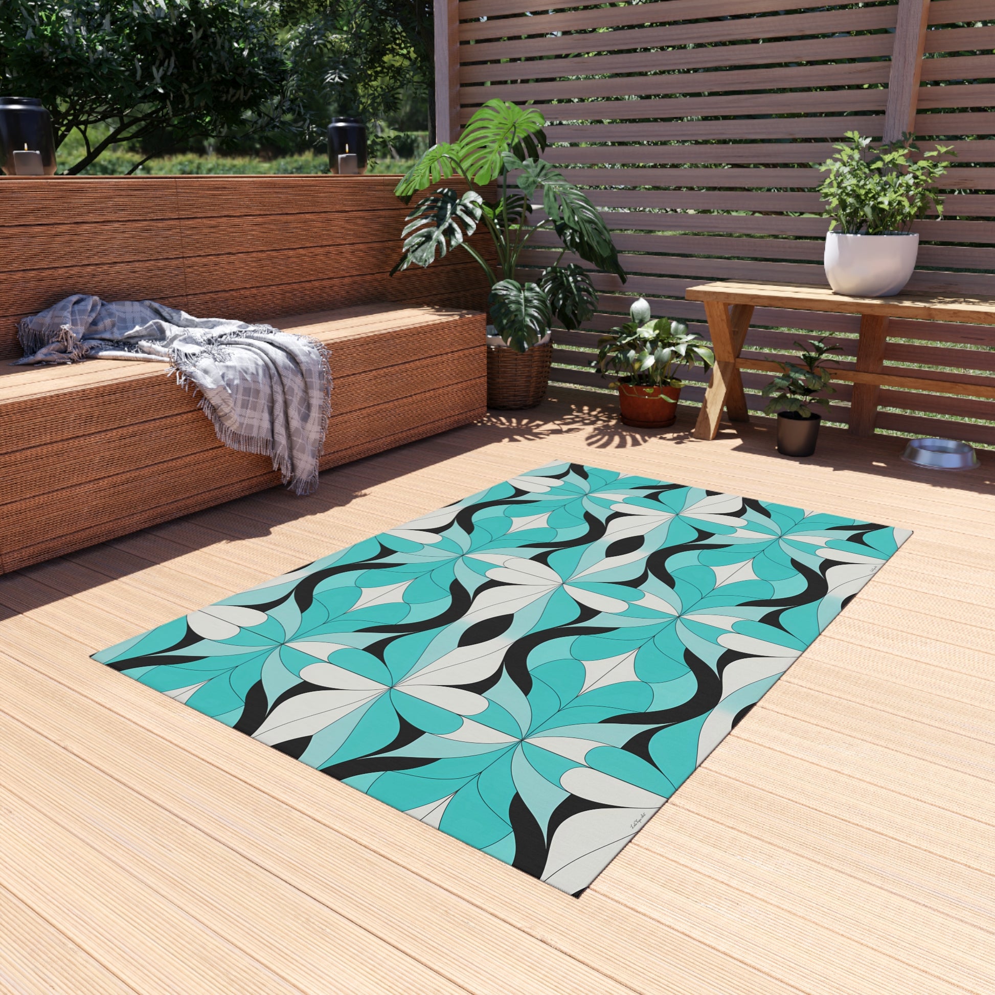 Blue/White/Black Outdoor Rug with Vibrant Geometric Design, Bohemian Patio Decor, Indoor-Outdoor Area Rug, Summer Accessory, Beach House - LOLA VEGAS ART
