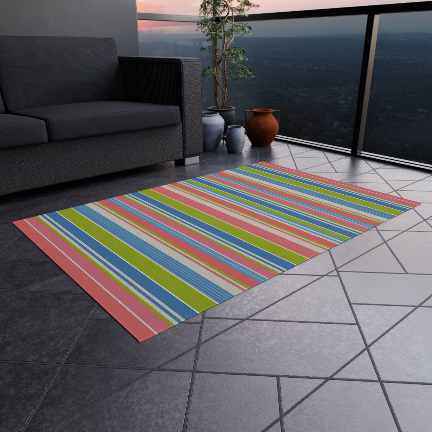 Colorful Striped Outdoor/Indoor Rug | Patio Mat, Weather-Resistant Stripe Design