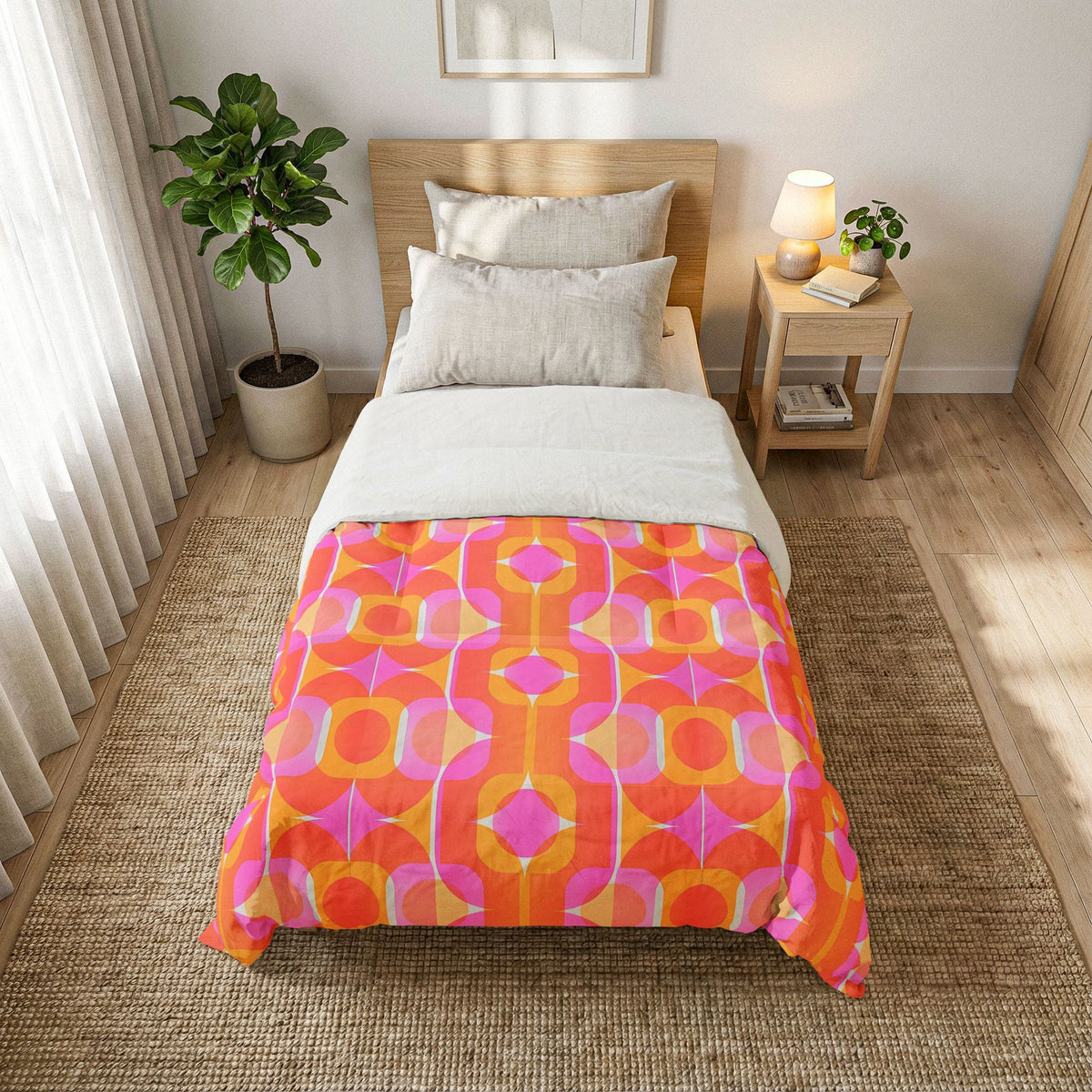 Retro Geometric Pattern Cotton Comforter | Orange Pink Mid Century Bedspread