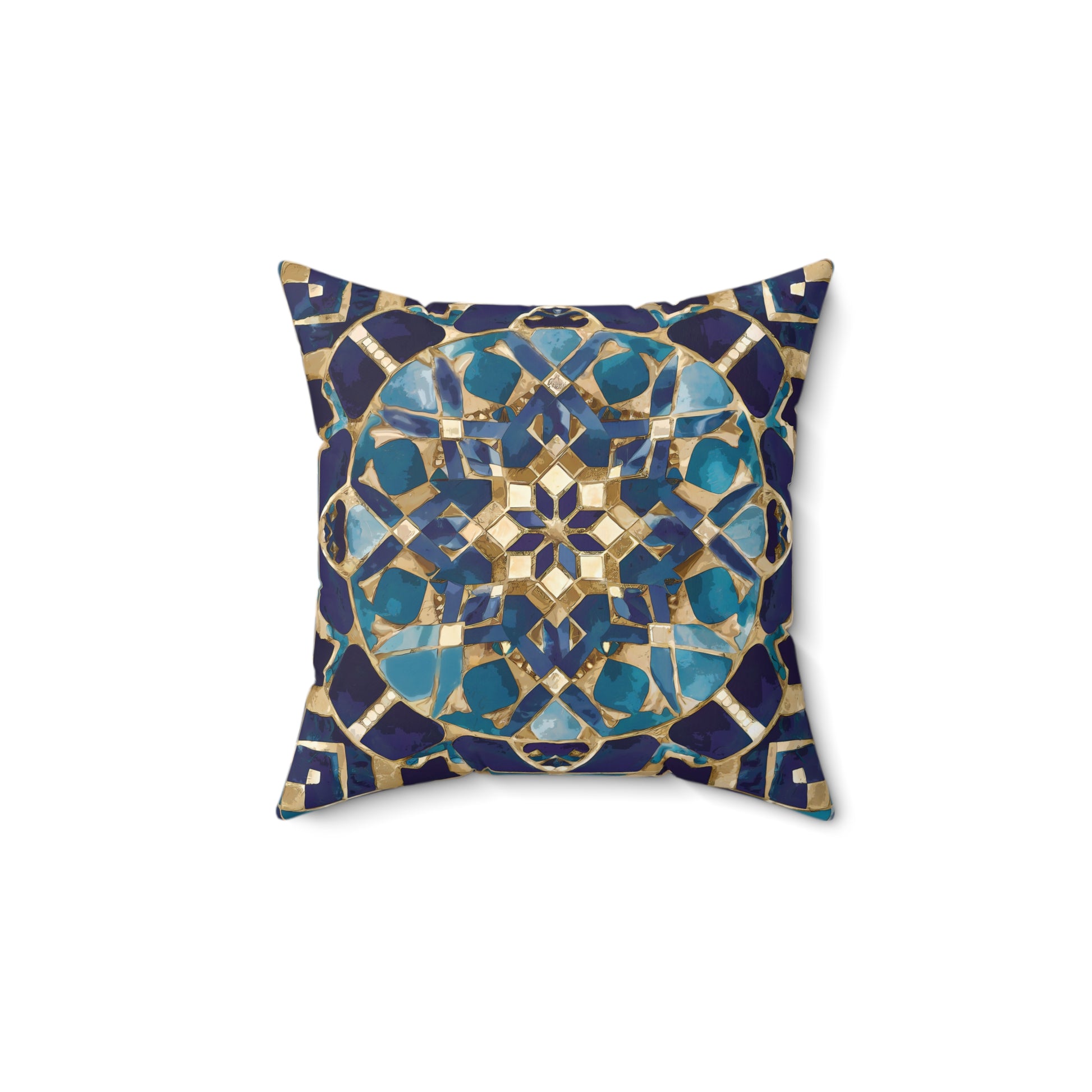 Moroccan Mosaic Square Pillow, Ethnic Boho Throw Cushion, Blue Tan Decorative Pillow, Eclectic Home Accent, Decorative Sofa Pillow - LOLA VEGAS ART