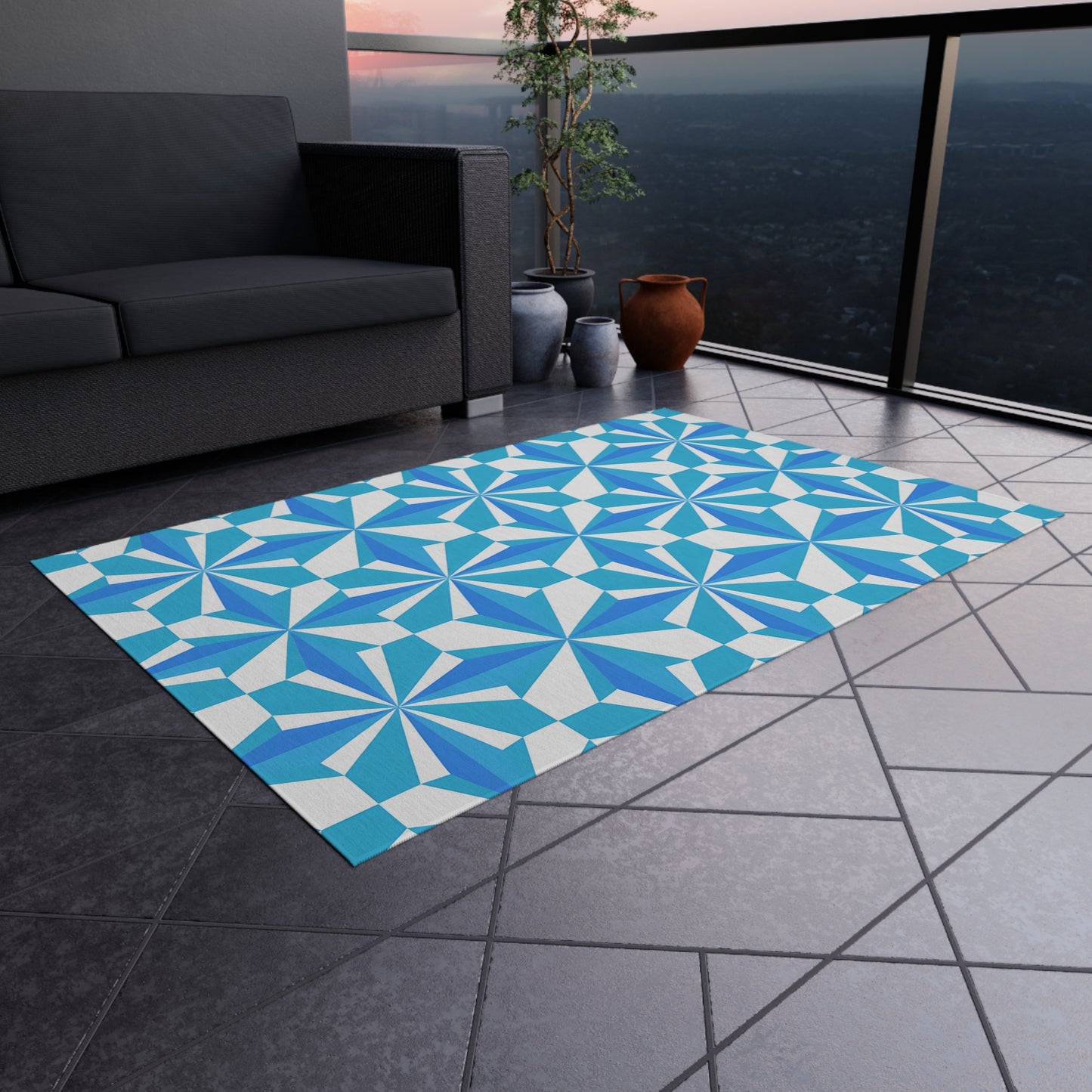 Blue White Geometric Pinwheel Pattern Outdoor/Indoor Rug | Patio Mat