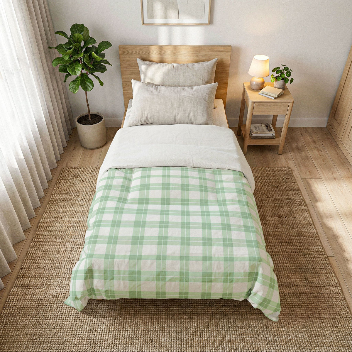 Green White Plaid Cotton Comforter | Pastel Check Bedding