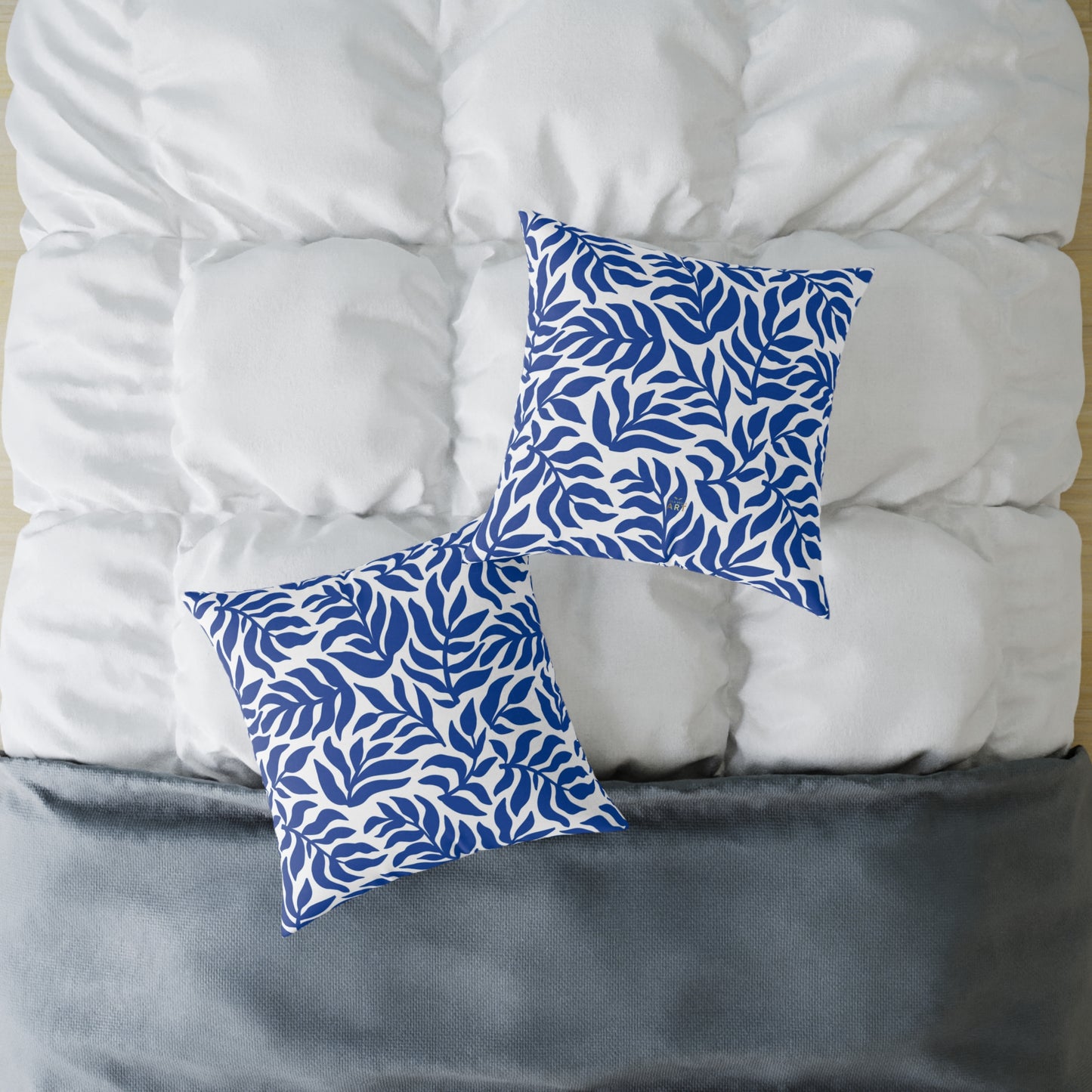 Blue White Leaf Pattern Square Pillow | Botanical Throw Pillow