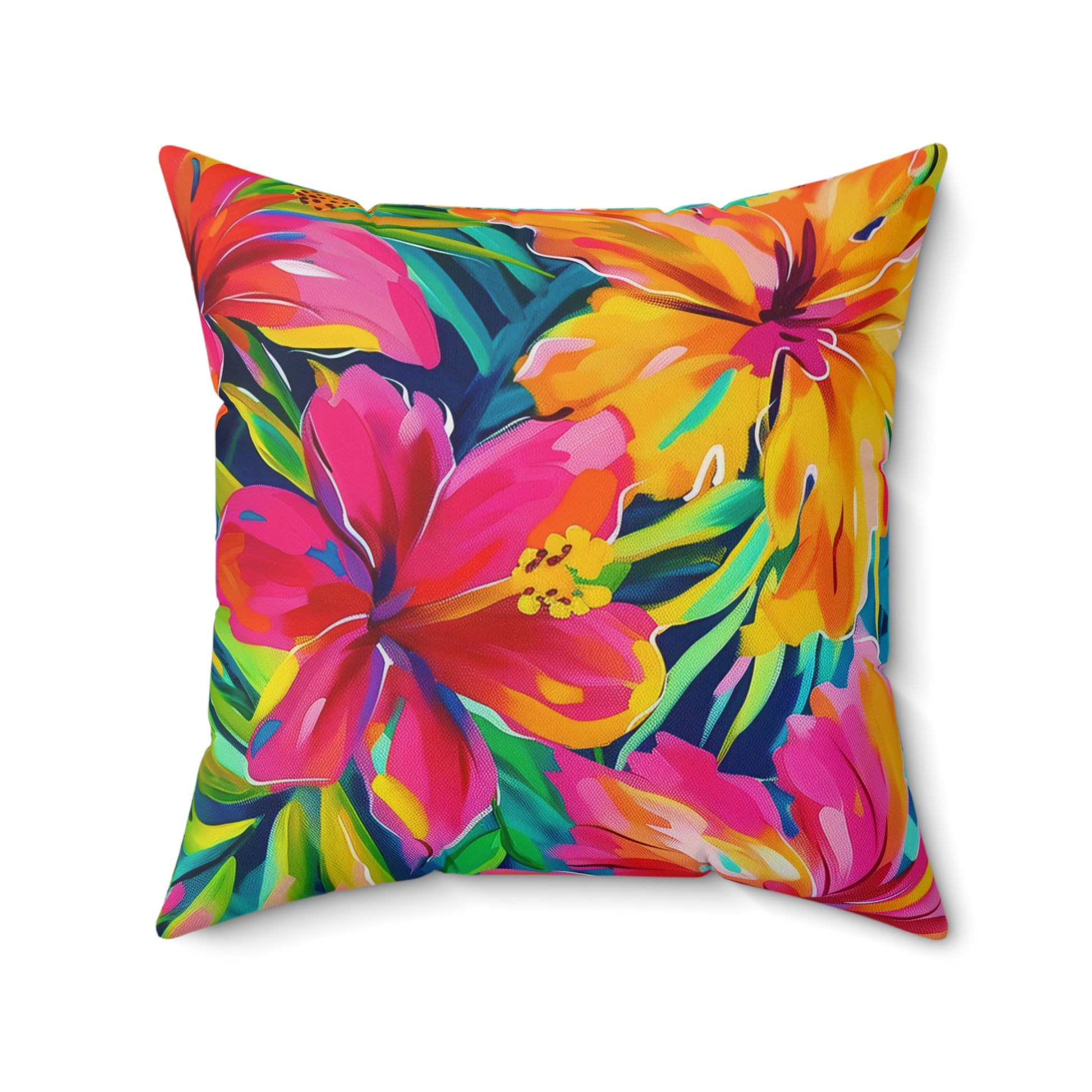 Vibrant Pink, Yellow, Blue Floral Throw Pillow, Tropical Home Decor, Bright Cushion for Living Room, Summer Vibes, Gift for Friends - LOLA VEGAS ART