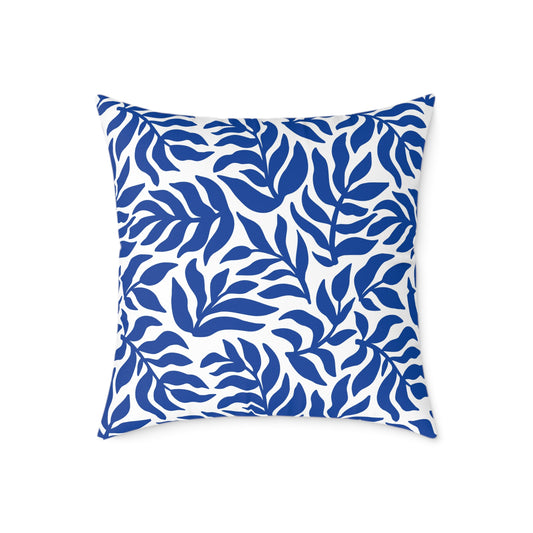 Blue White Leaf Pattern Square Pillow | Botanical Throw Pillow
