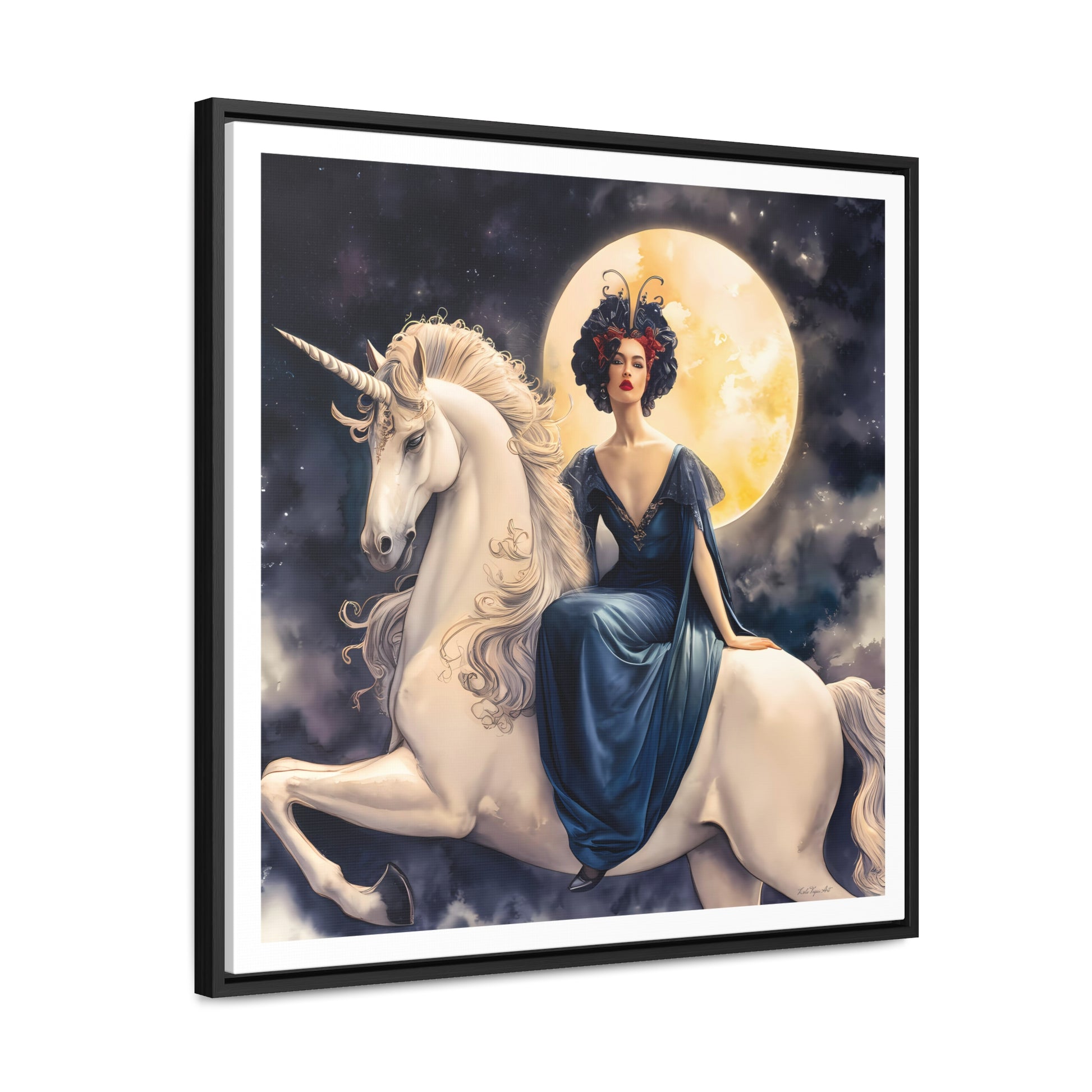 Square Framed Canvas Wall Art, Art Nouveau Style Red-Haired Woman Riding Unicorn Under Full Moon, Fantasy Decor, Magical Night, Gallery - LOLA VEGAS ART