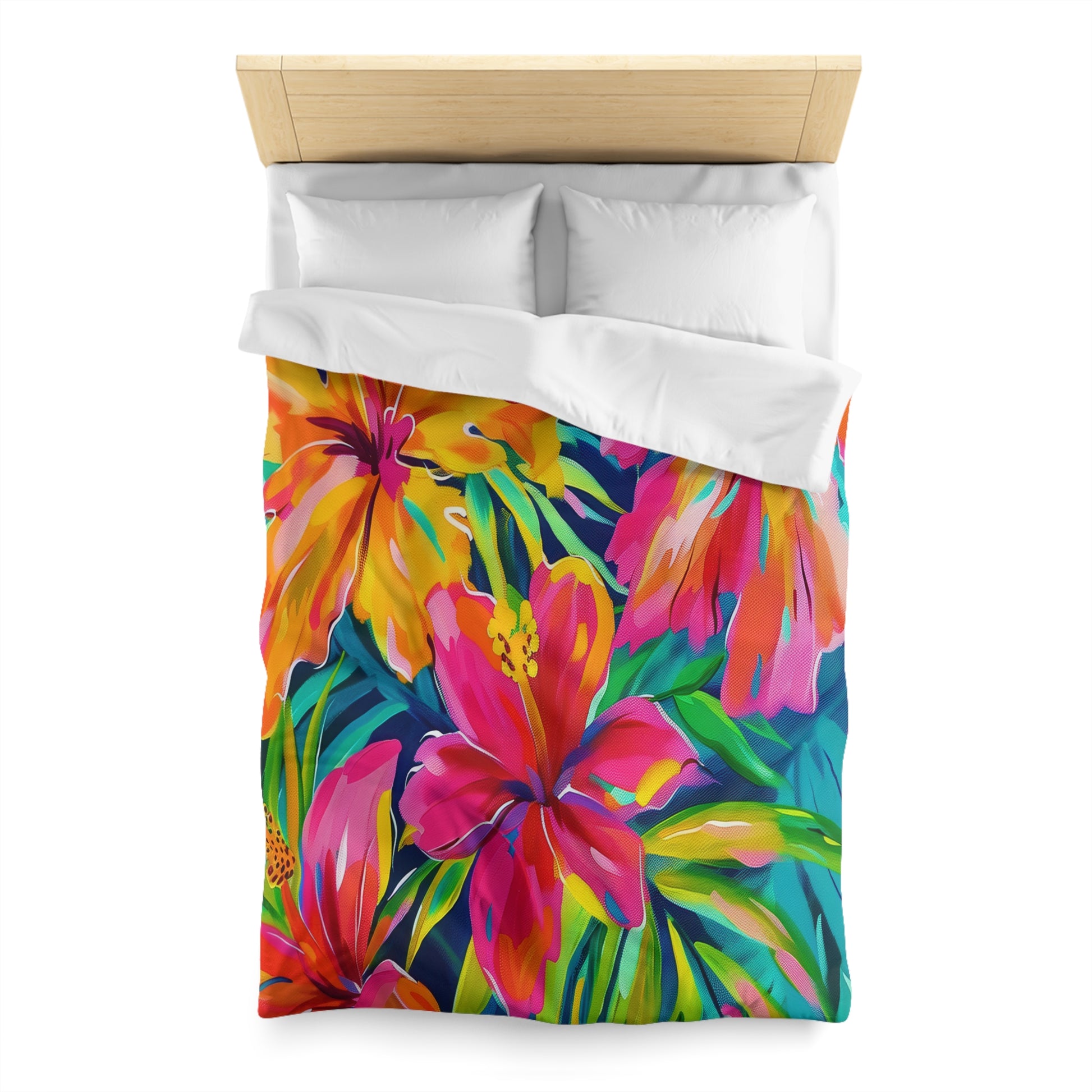 Tropical Floral Microfiber Duvet Cover - Vibrant Bedding, Boho Home Decor, Floral Print Cover, Summer Vibes, Gift for Her, Pink and Green - LOLA VEGAS ART