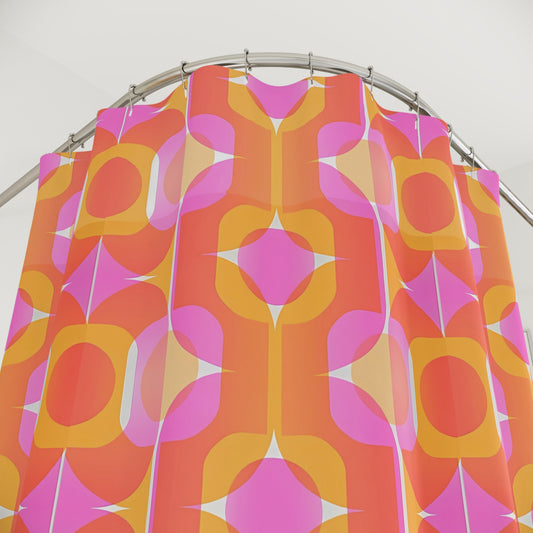 Retro Geometric Pattern Shower Curtain 70s Orange Pink Mid Century