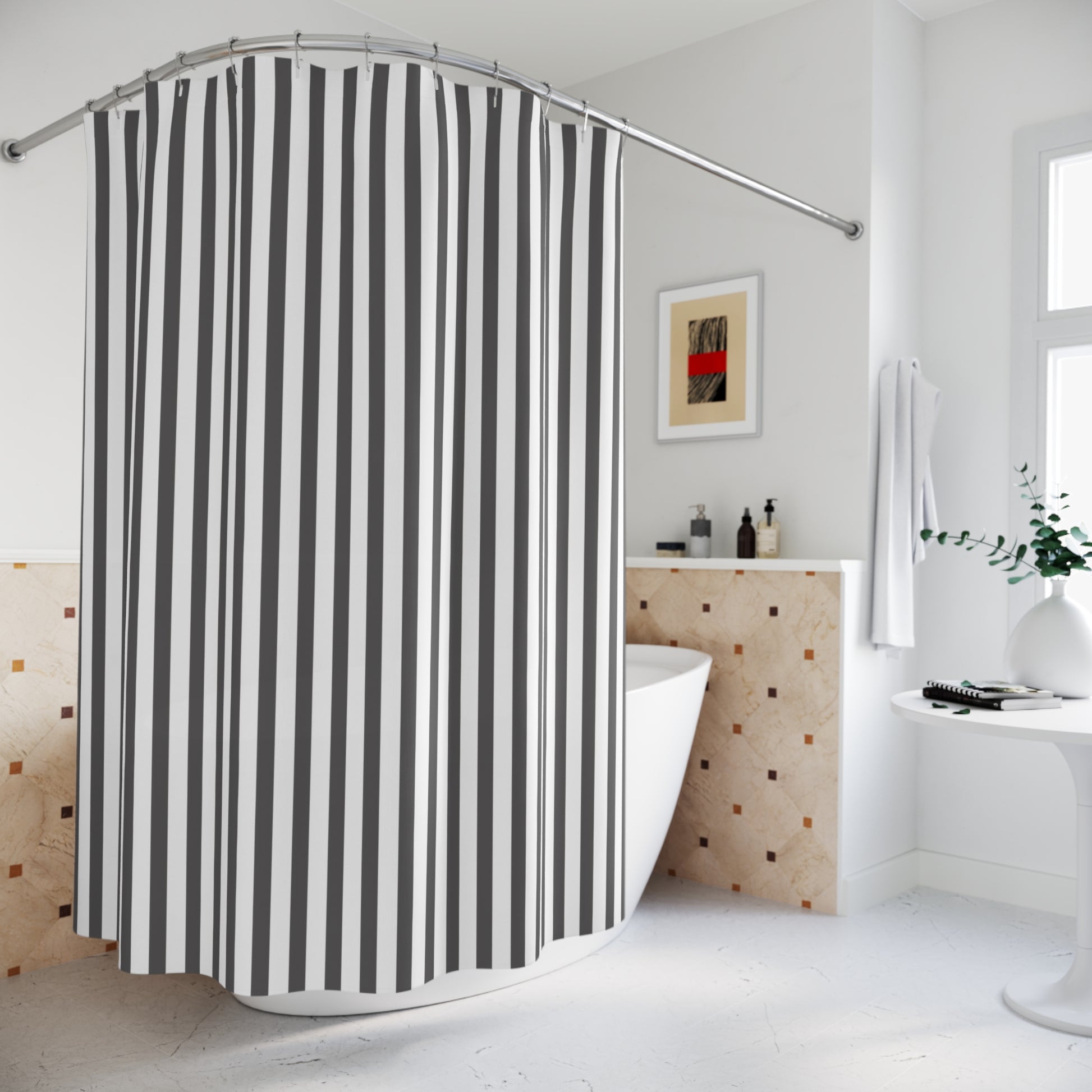 Modern Minimalist Striped Shower Curtain, Bath Decor, Bathroom Makeover, Gift for Home, Gray White Stripe, Stylish Bath, Gift For Him - LOLA VEGAS ART