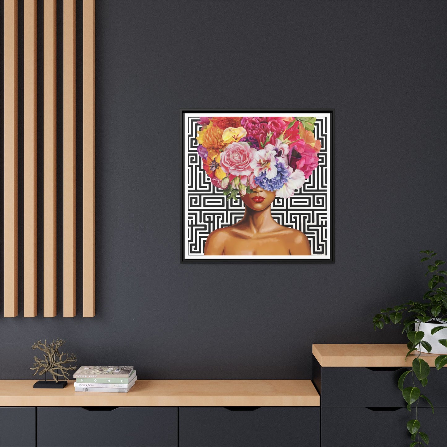 Framed Art Canvas: Vibrant Floral Portrait Decor, Boho Wall Art, Home Gallery, Gift for Her, Inspirational Art, Woman With Flower Head - LOLA VEGAS ART