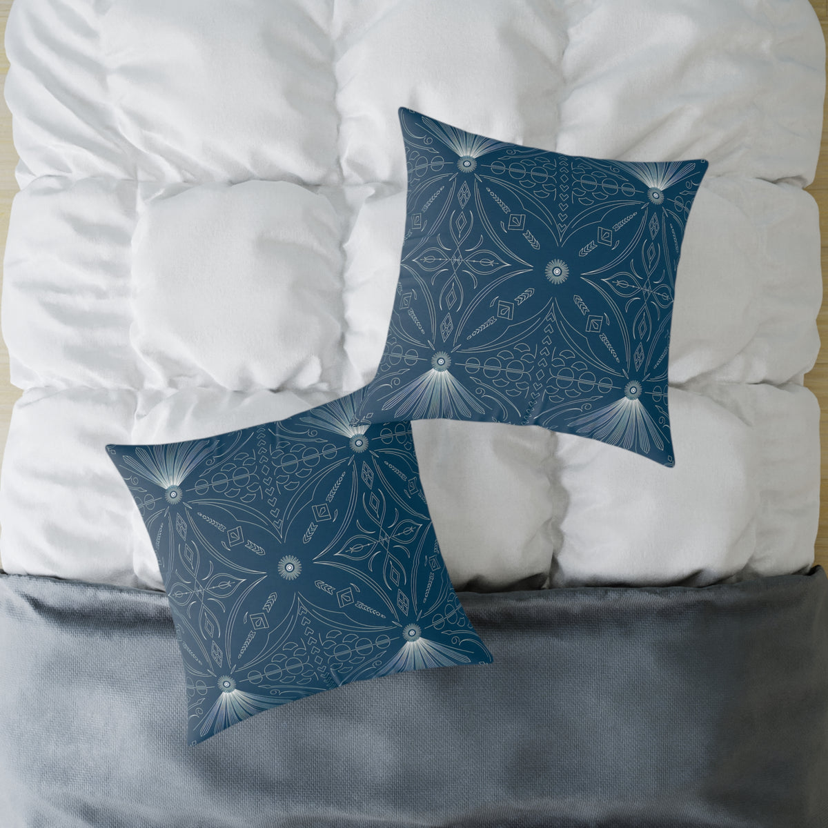 Cerulean White Geometric Mandala Square Poly Canvas Pillow | Boho Tile Pattern