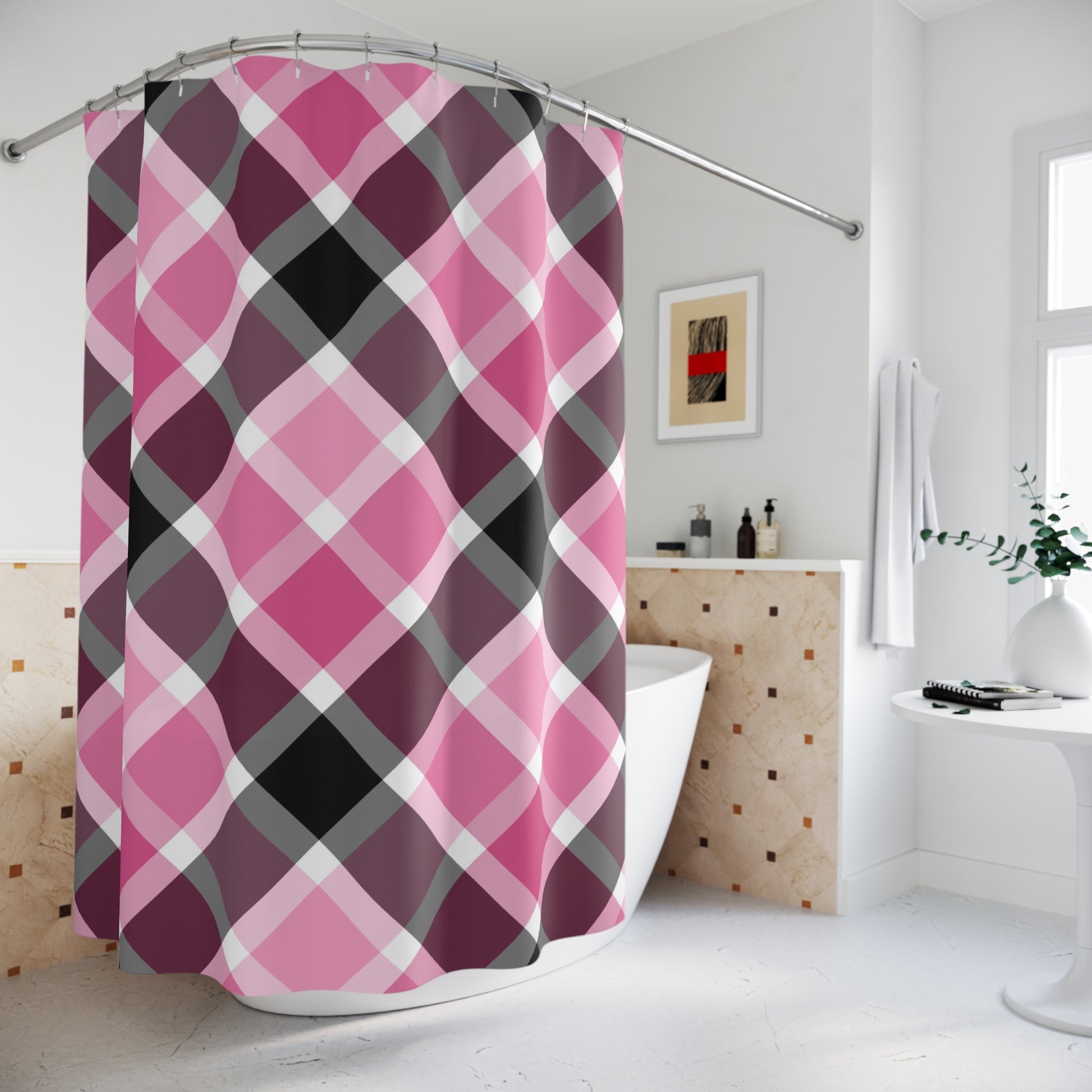 Elegant Pink Plaid Shower Curtain, Stylish Bathroom Decor, Modern Home Accessories, Gift for Her, Boho Chic Design - LOLA VEGAS ART