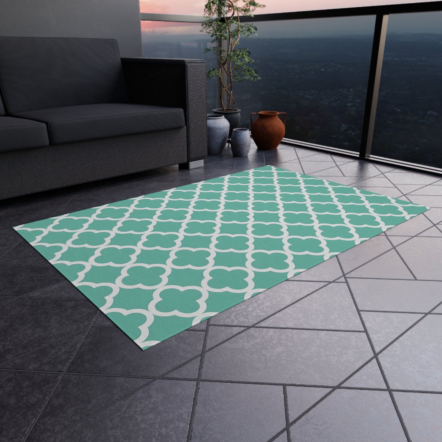 Teal Moroccan Trellis Outdoor/Indoor Rug | Geometric Patio Mat