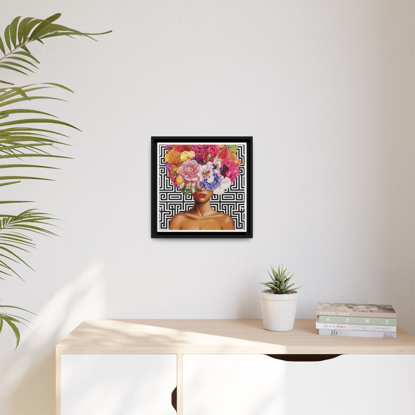Framed Art Canvas: Vibrant Floral Portrait Decor, Boho Wall Art, Home Gallery, Gift for Her, Inspirational Art, Woman With Flower Head - LOLA VEGAS ART