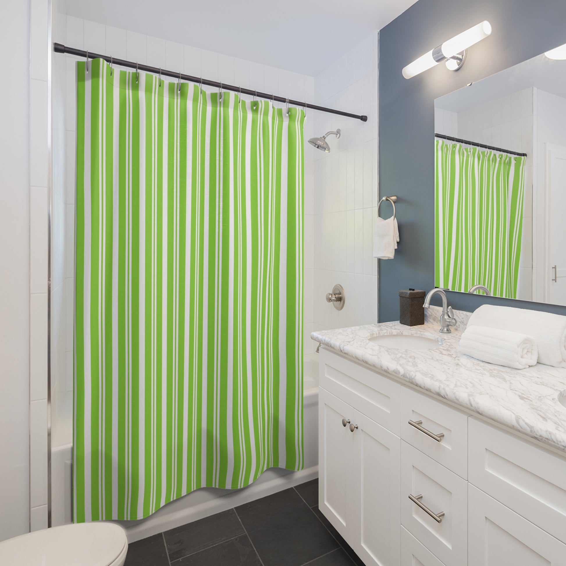 Lively Green Striped Shower Curtain, Modern Bathroom Decor, Trendy Home Accessory, Gift for Her, Eco-Friendly Bath Curtain - LOLA VEGAS ART