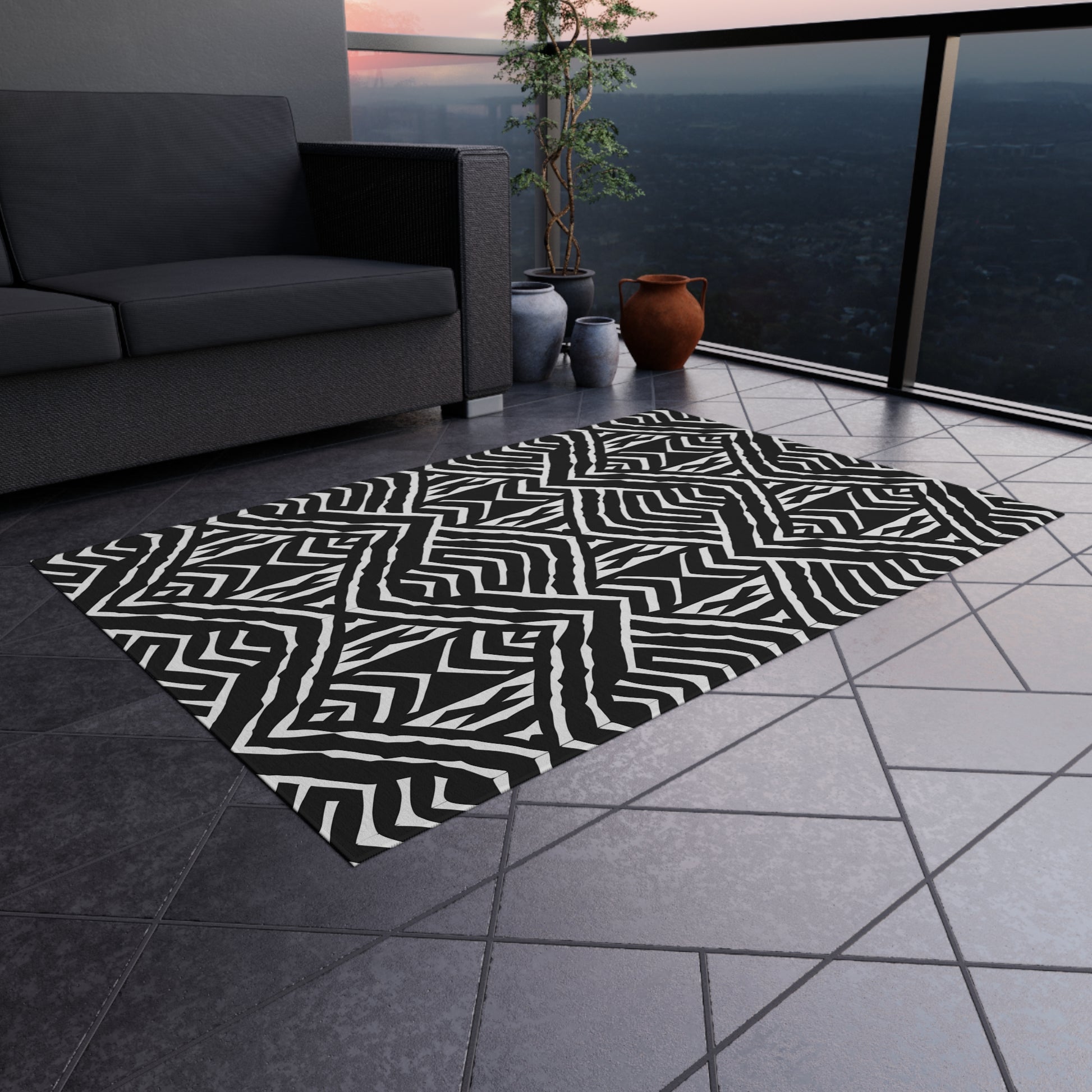 Black and White Stylish African Mudcloth pattern Outdoor/Indoor Rug for Patio, Deck, Camping, Boho Decor, Modern Design, Anti-Slip Area Mat - LOLA VEGAS ART