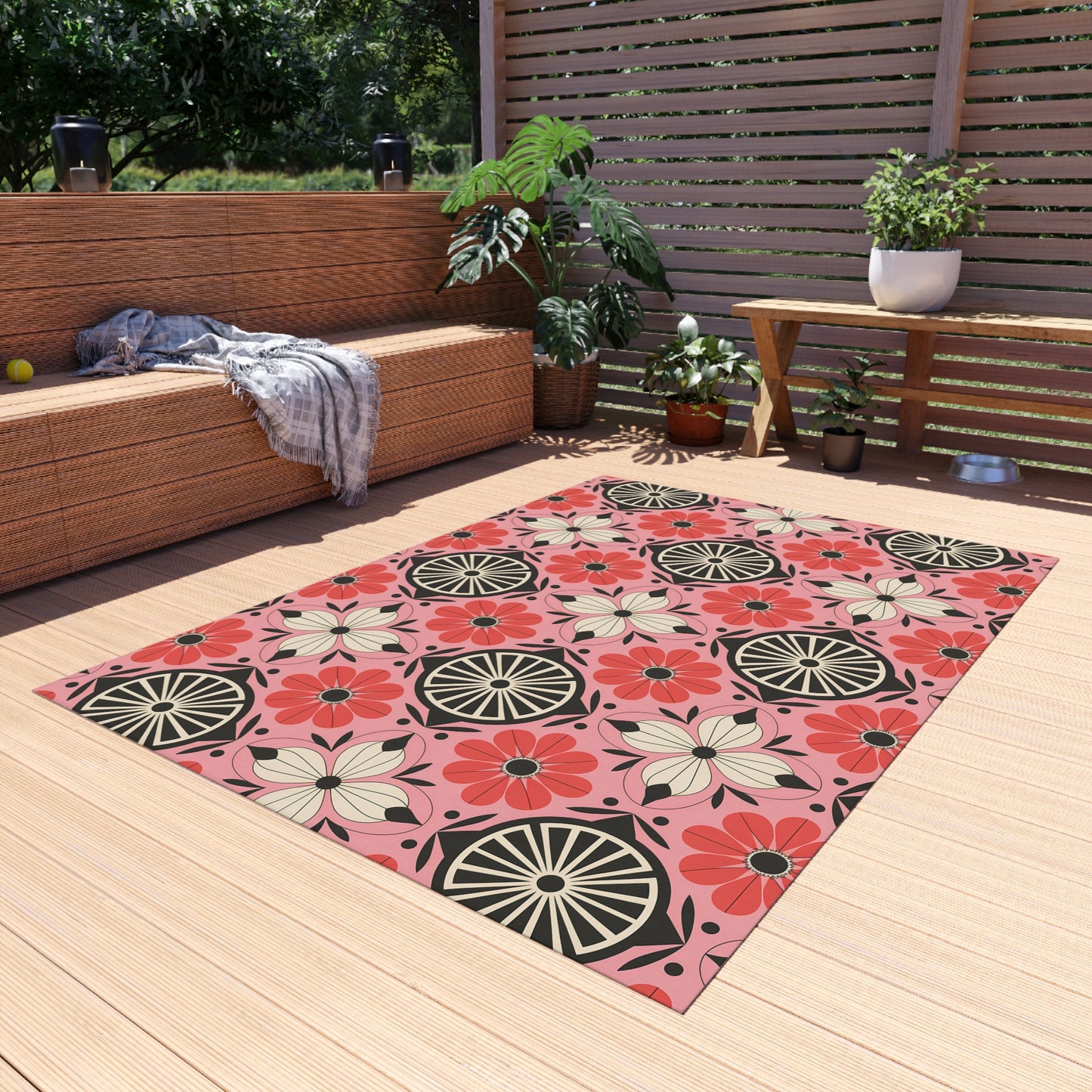 Pink, black and White Colorful Floral Outdoor/Indoor Rug, Garden Decor, Patio Mat, Boho Style Area Carpet, Eco-Friendly Home Accent