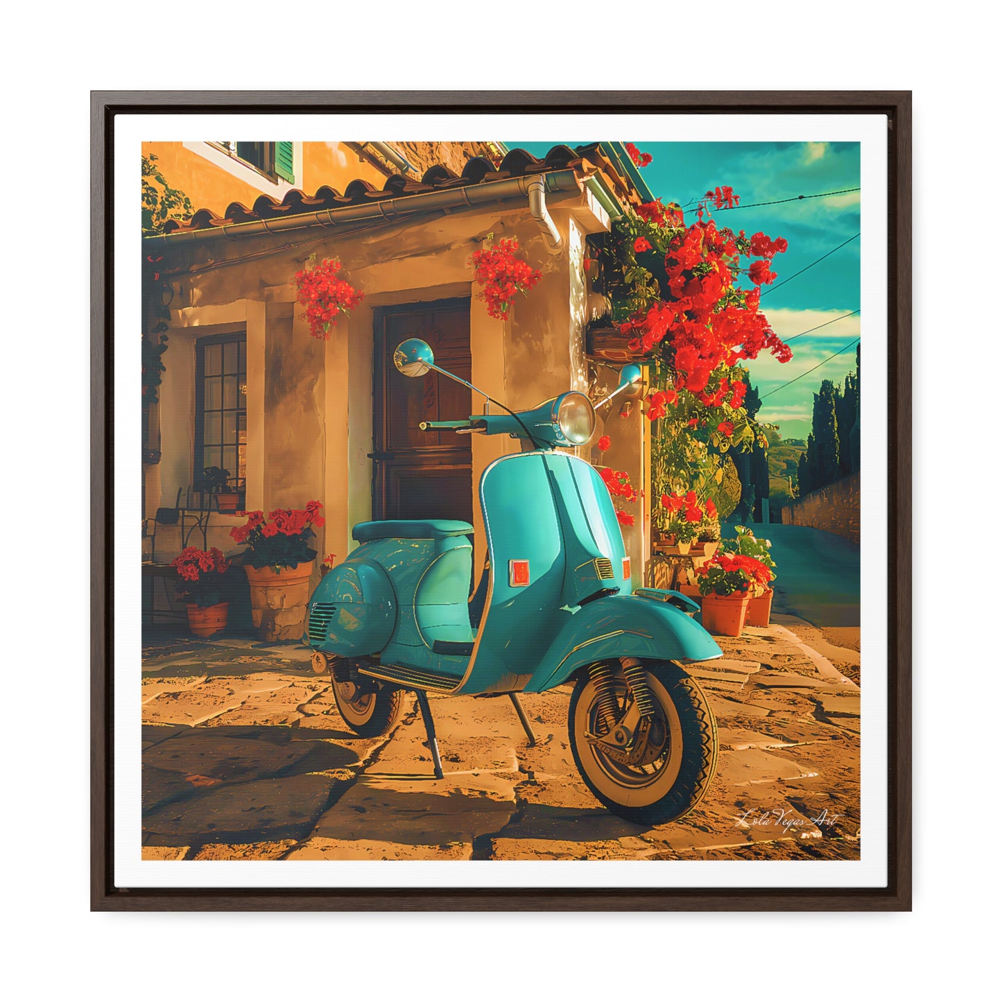 Square Frame Canvas Art, Turquoise Scooter Parked Outside Quaint Italian Village House with Red Flowers, Wall Decor, Home Decor, Summer Day - LOLA VEGAS ART