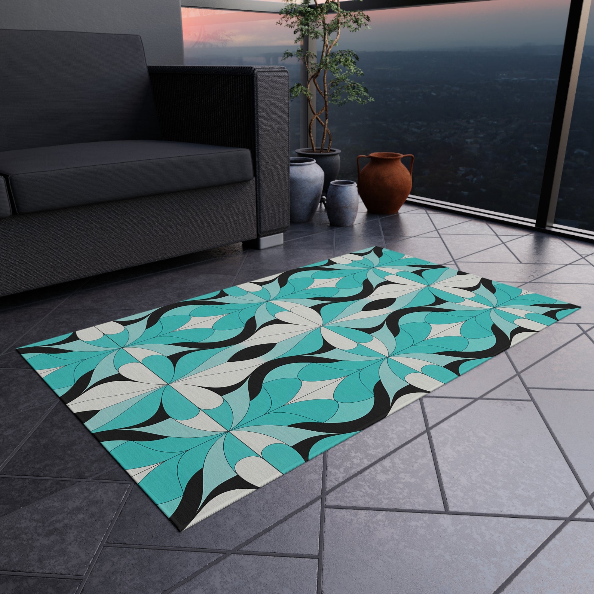 Blue/White/Black Outdoor Rug with Vibrant Geometric Design, Bohemian Patio Decor, Indoor-Outdoor Area Rug, Summer Accessory, Beach House - LOLA VEGAS ART