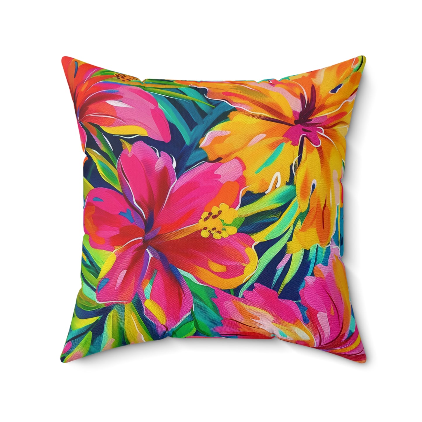 Vibrant Pink, Yellow, Blue Floral Throw Pillow, Tropical Home Decor, Bright Cushion for Living Room, Summer Vibes, Gift for Friends - LOLA VEGAS ART