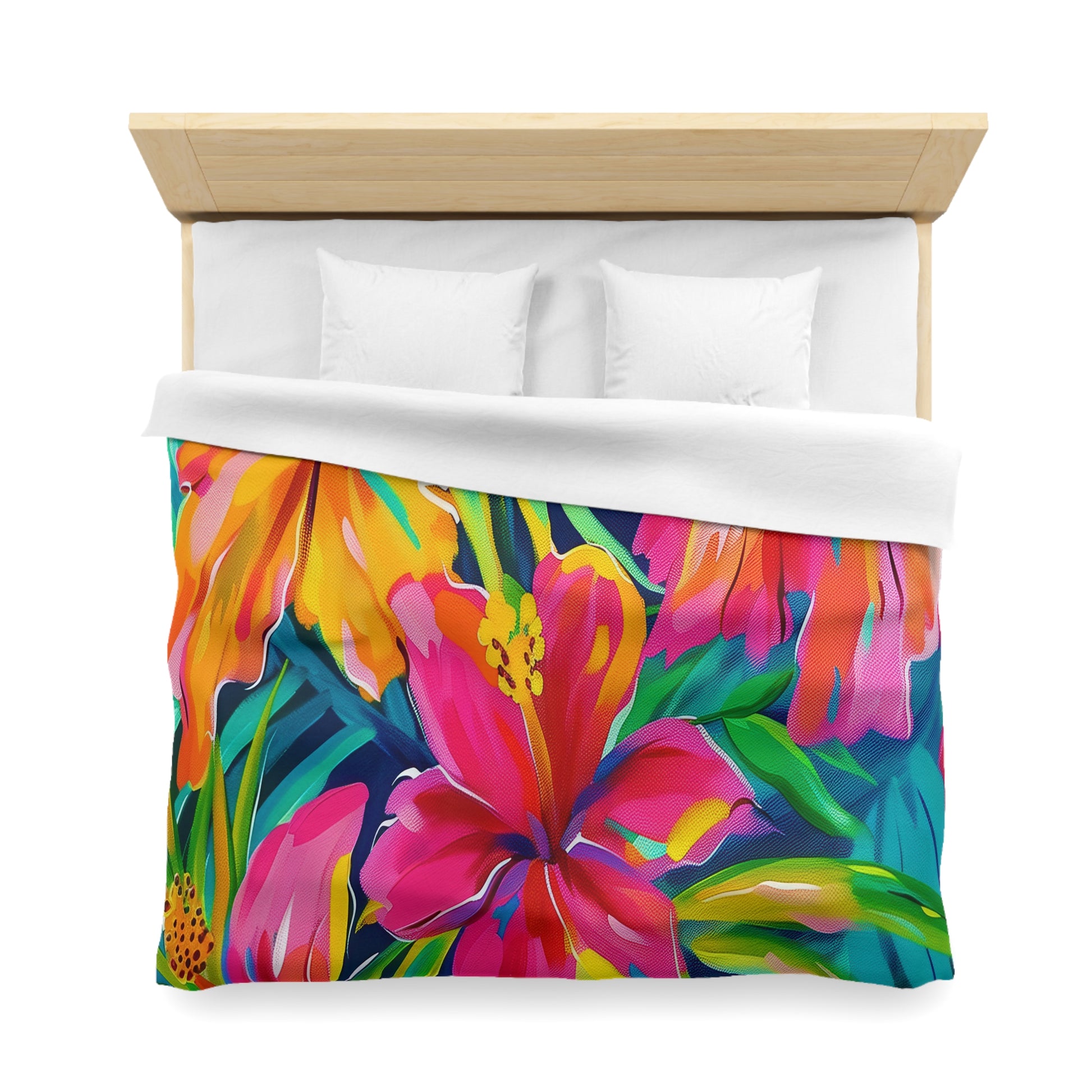 Tropical Floral Microfiber Duvet Cover - Vibrant Bedding, Boho Home Decor, Floral Print Cover, Summer Vibes, Gift for Her, Pink and Green - LOLA VEGAS ART