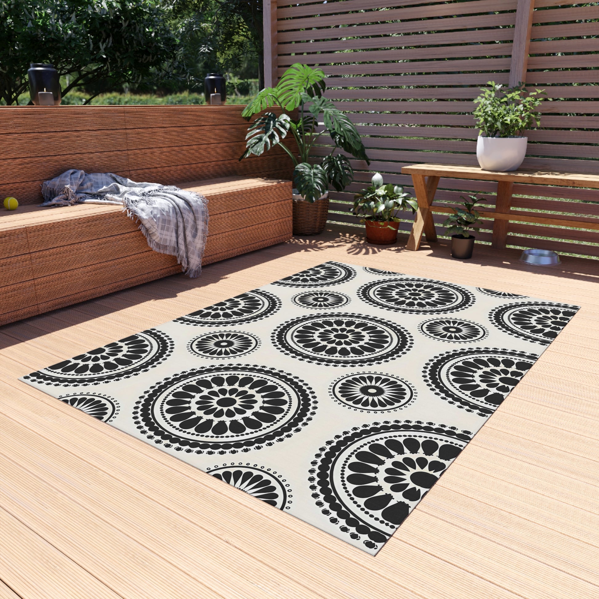 Black and White Stylish Outdoor Rug for Patios, Decks, and Gardens - Boho Chic Floor Mat for Entertaining, Home Decor, Picnic, Camping - LOLA VEGAS ART