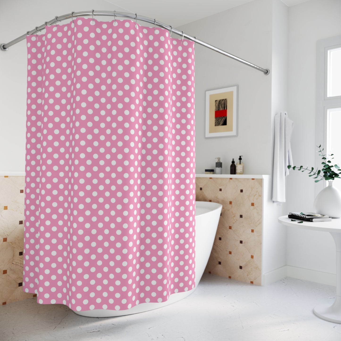 Chic Pink Polka Dot Shower Curtain, Fun Bathroom Decor, Stylish Shower Accessories, Spring Home Refresh, Gift for Her. Mid Century Pattern