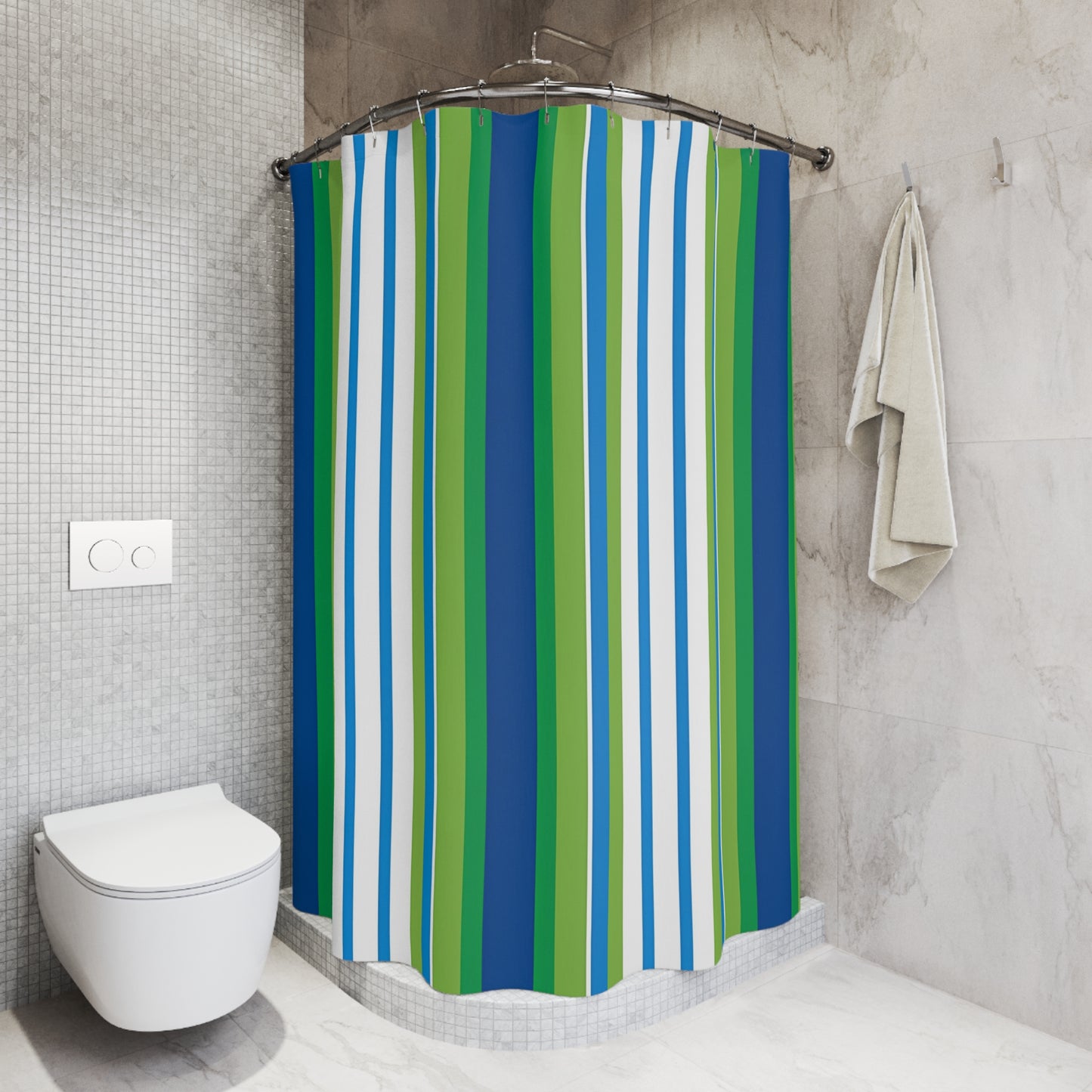 Blue Green Vertical Striped Shower Curtain | Nautical Bathroom Decor