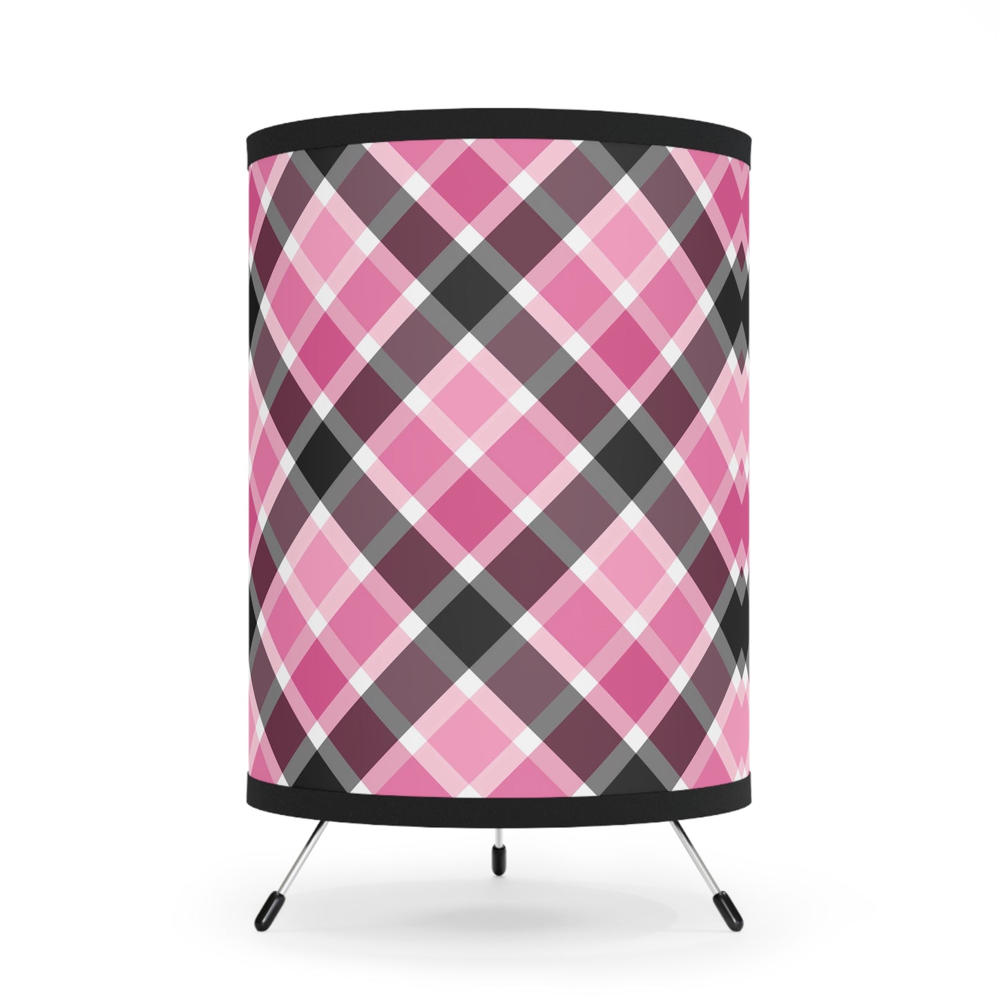 Chic Pink and Black Plaid Tripod Lamp, Stylish Home Decor, Modern Lighting, Living Room Accent, Gift for Her, Desk Lamp