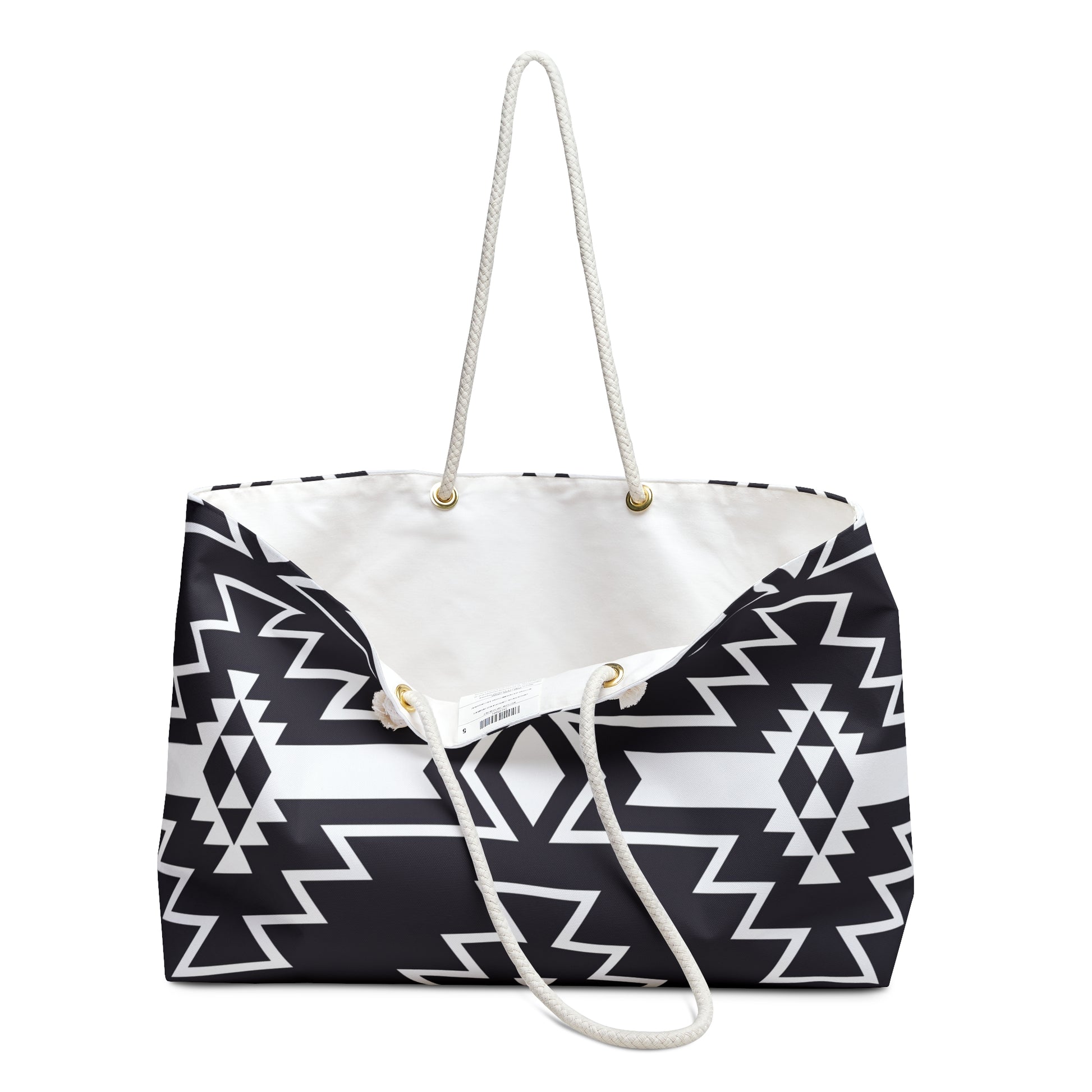 Black and White Stylish Weekender Bag - Perfect Travel Tote, Travel Bag, Gym Carryall, Beach Tote, Black and White Tribal Design - LOLA VEGAS ART